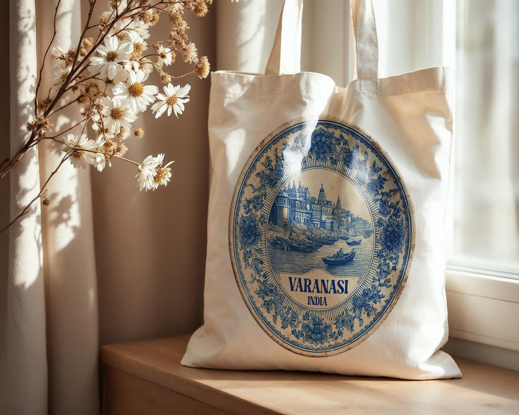 Varanasi India Tote Bag, Delft Style Personalized Destination, City Wedding Gift Souvenir Cotton