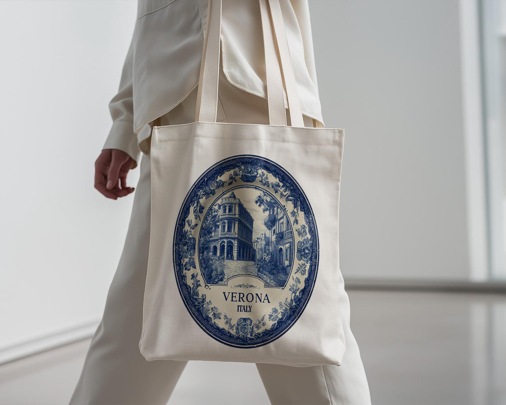 Verona Italy Tote Bag, Delft Style Personalized Destination, City Wedding Gift Souvenir Cotton