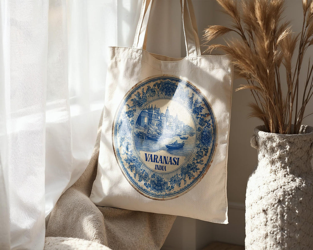 Varanasi India Tote Bag, Delft Style Personalized Destination, City Wedding Gift Souvenir Cotton