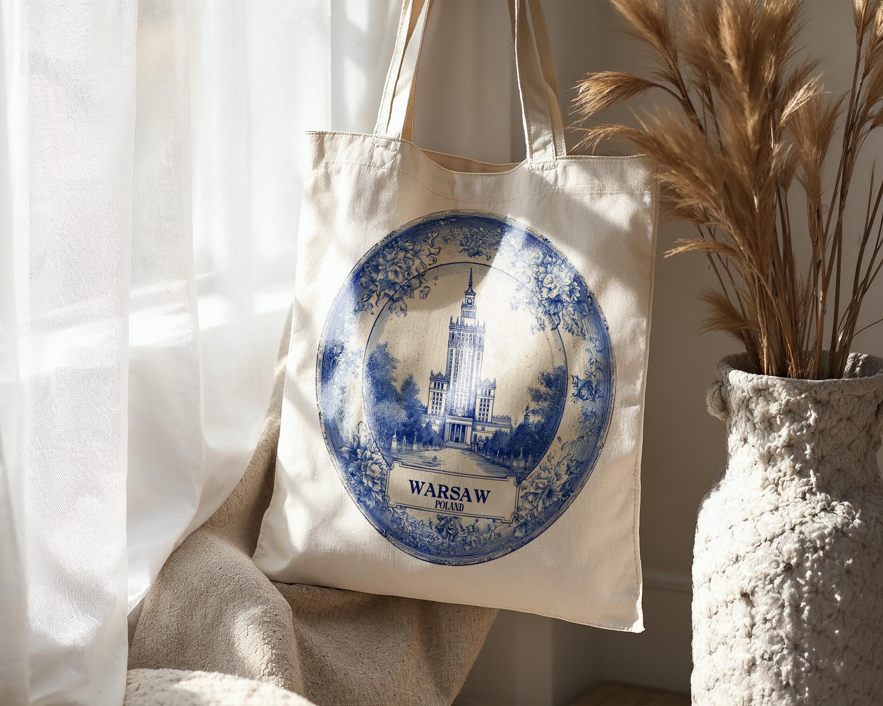 Warsaw Poland Tote Bag, Delft Style Personalized Destination, City Wedding Gift Souvenir Cotton