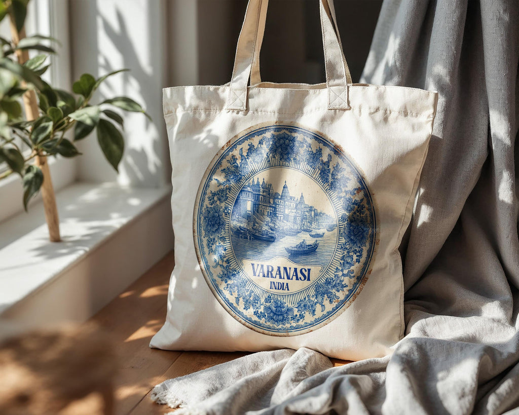 Varanasi India Tote Bag, Delft Style Personalized Destination, City Wedding Gift Souvenir Cotton