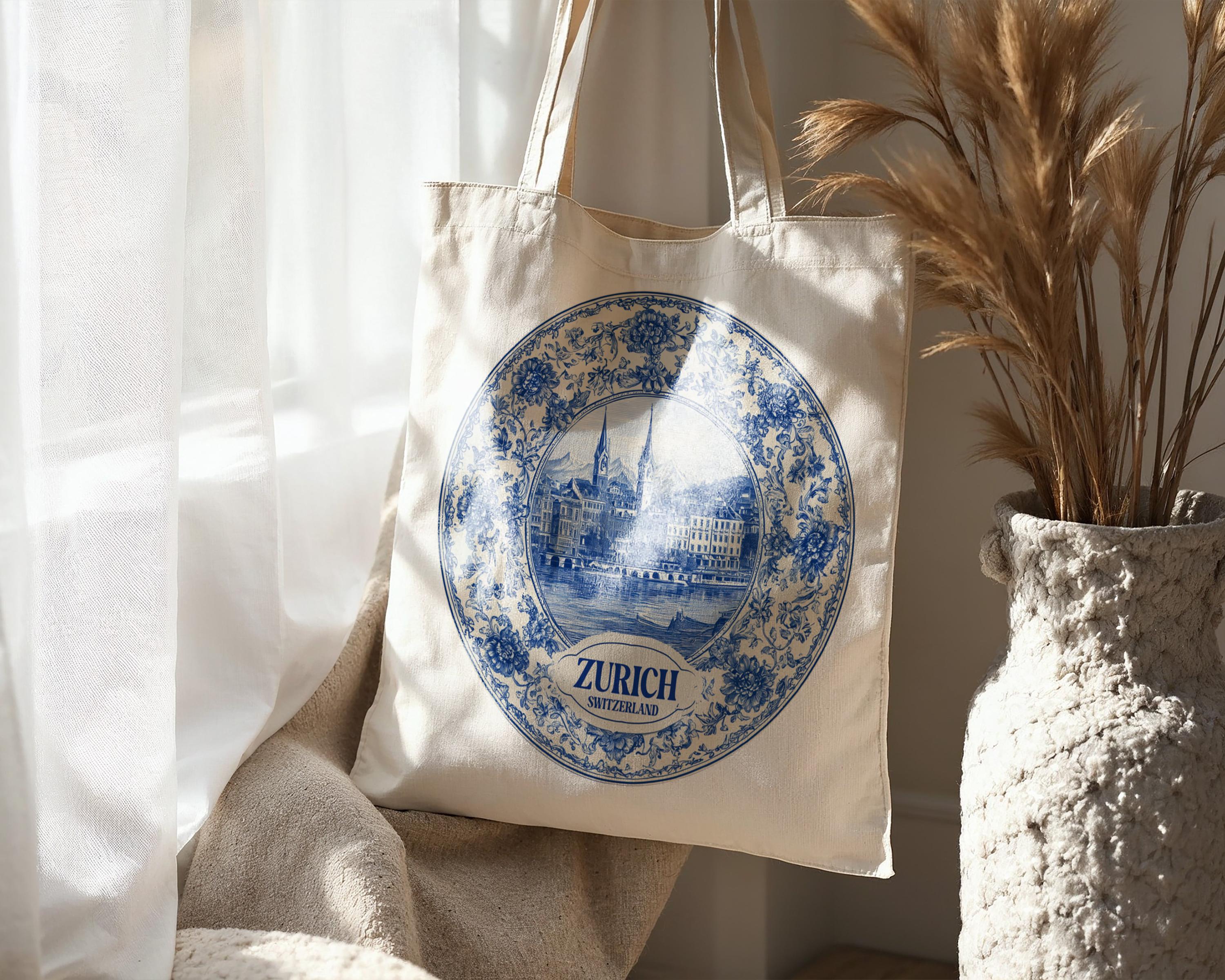 Zurich Switzerland Tote Bag, Delft Style Personalized Destination, City Wedding Gift Souvenir Cotton