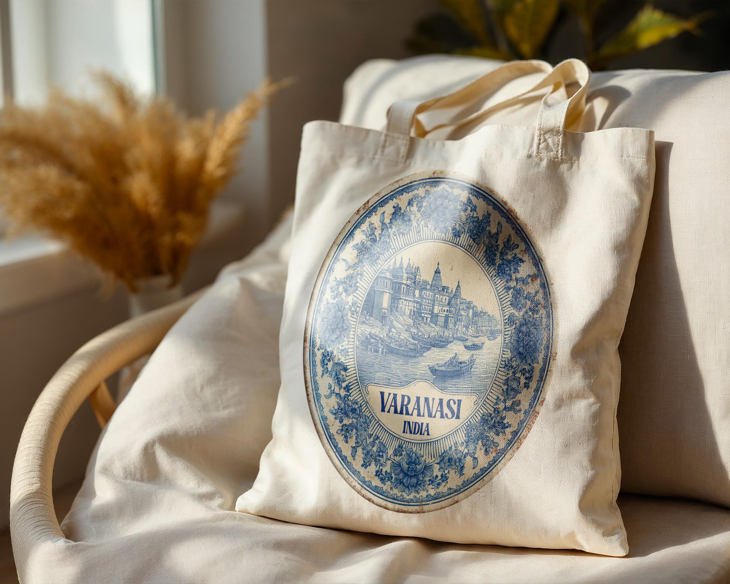 Varanasi India Tote Bag, Delft Style Personalized Destination, City Wedding Gift Souvenir Cotton