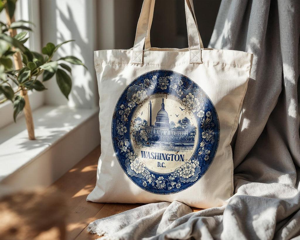 Washington DC Tote Bag, Delft Style Personalized Destination, City Wedding Gift Souvenir Cotton