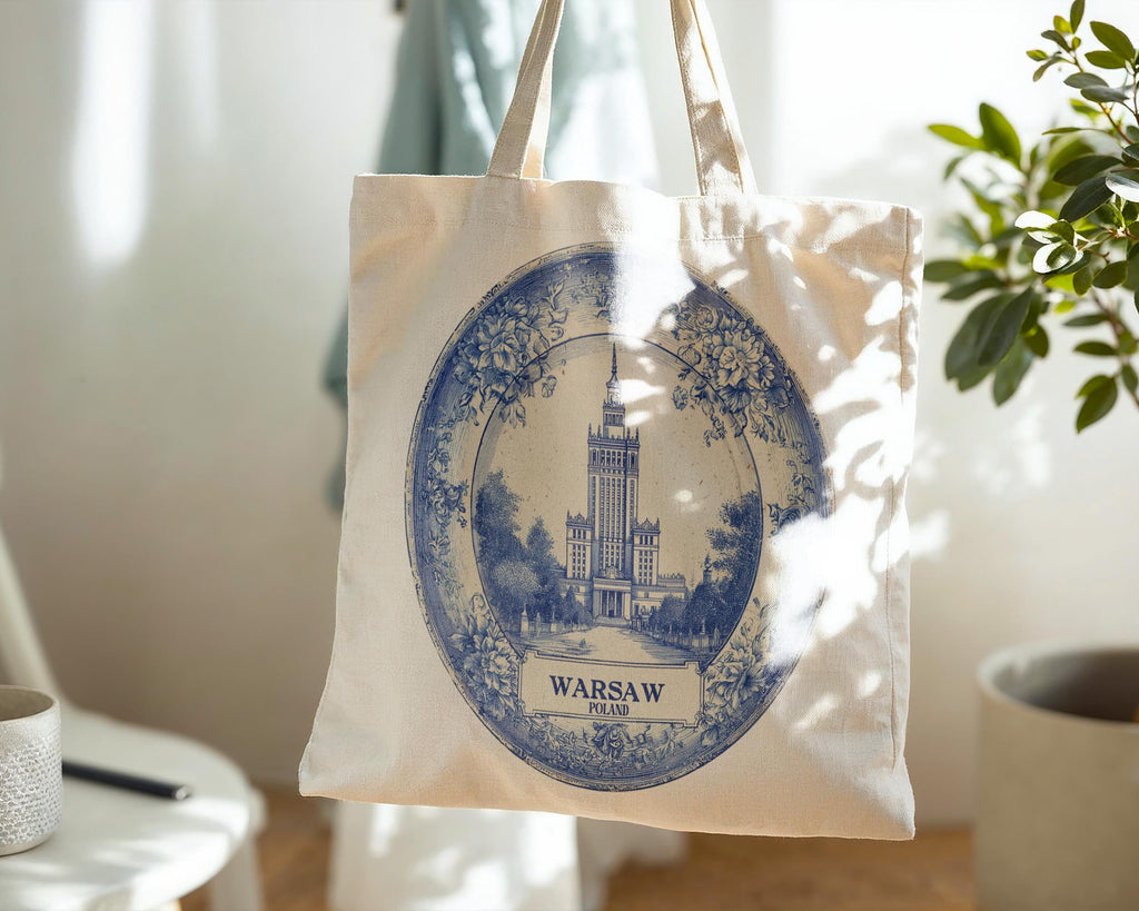 Warsaw Poland Tote Bag, Delft Style Personalized Destination, City Wedding Gift Souvenir Cotton