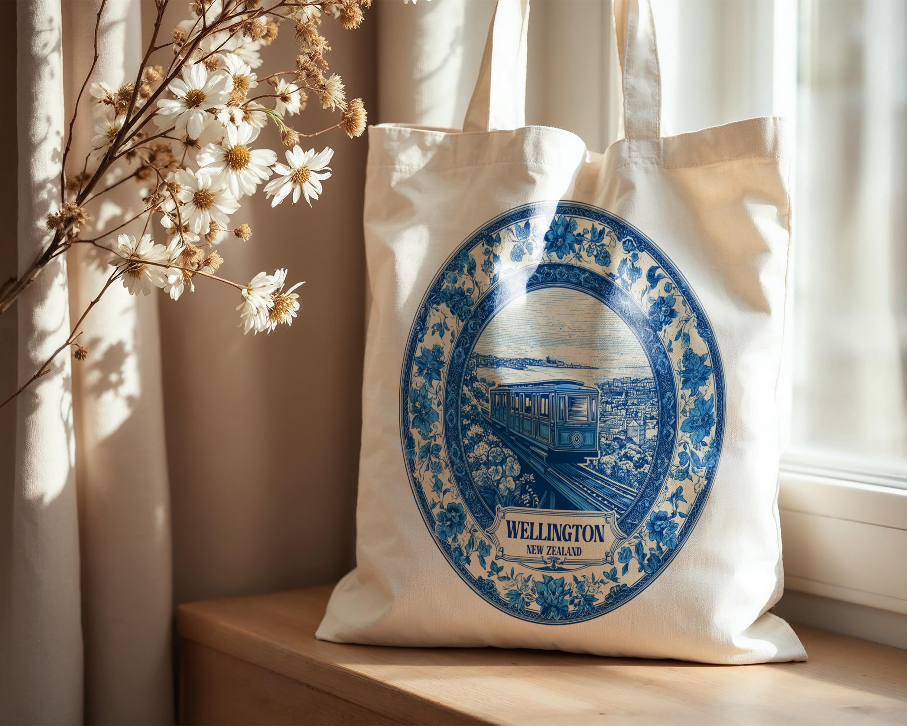 Wellington New Zealand Tote Bag, Delft Style Personalized Destination, City Wedding Gift Souvenir Cotton
