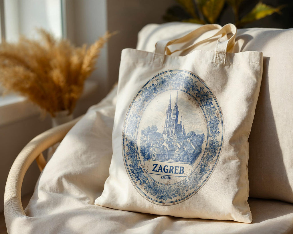 Zagreb Croatia Tote Bag, Delft Style Personalized Destination, City Wedding Gift Souvenir Cotton