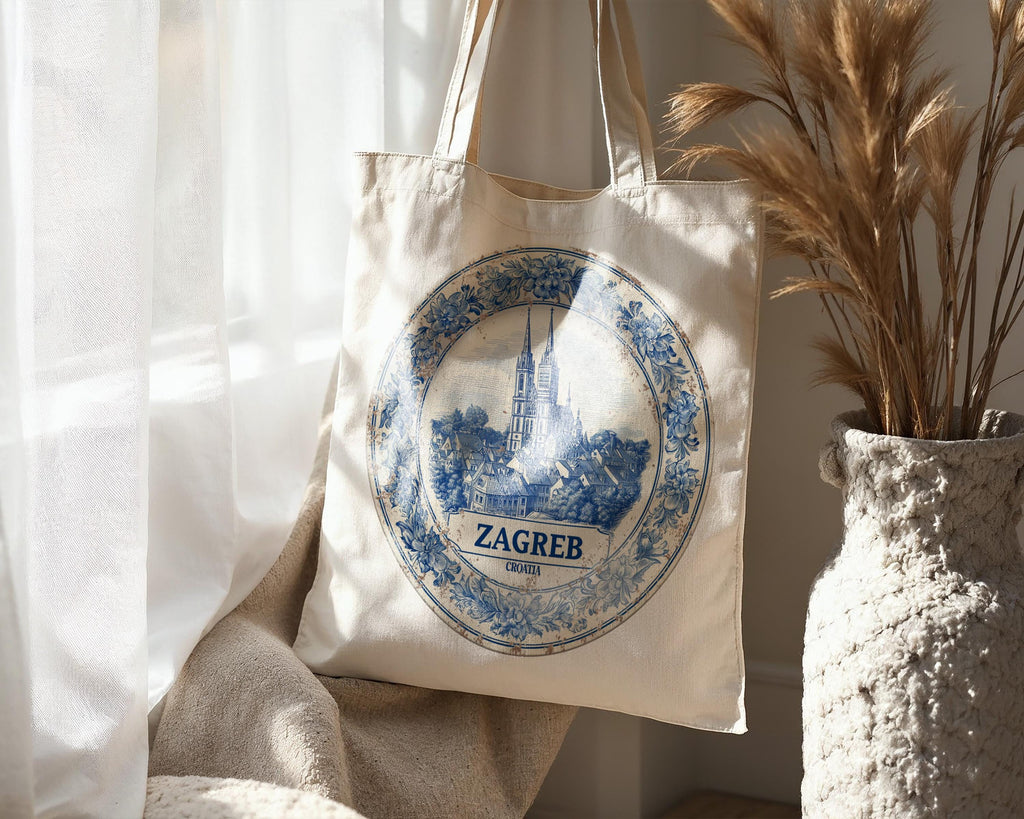 Zagreb Croatia Tote Bag, Delft Style Personalized Destination, City Wedding Gift Souvenir Cotton