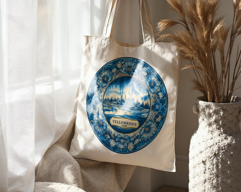 Yellowknife Canada Tote Bag, Delft Style Personalized Destination, City Wedding Gift Souvenir Cotton