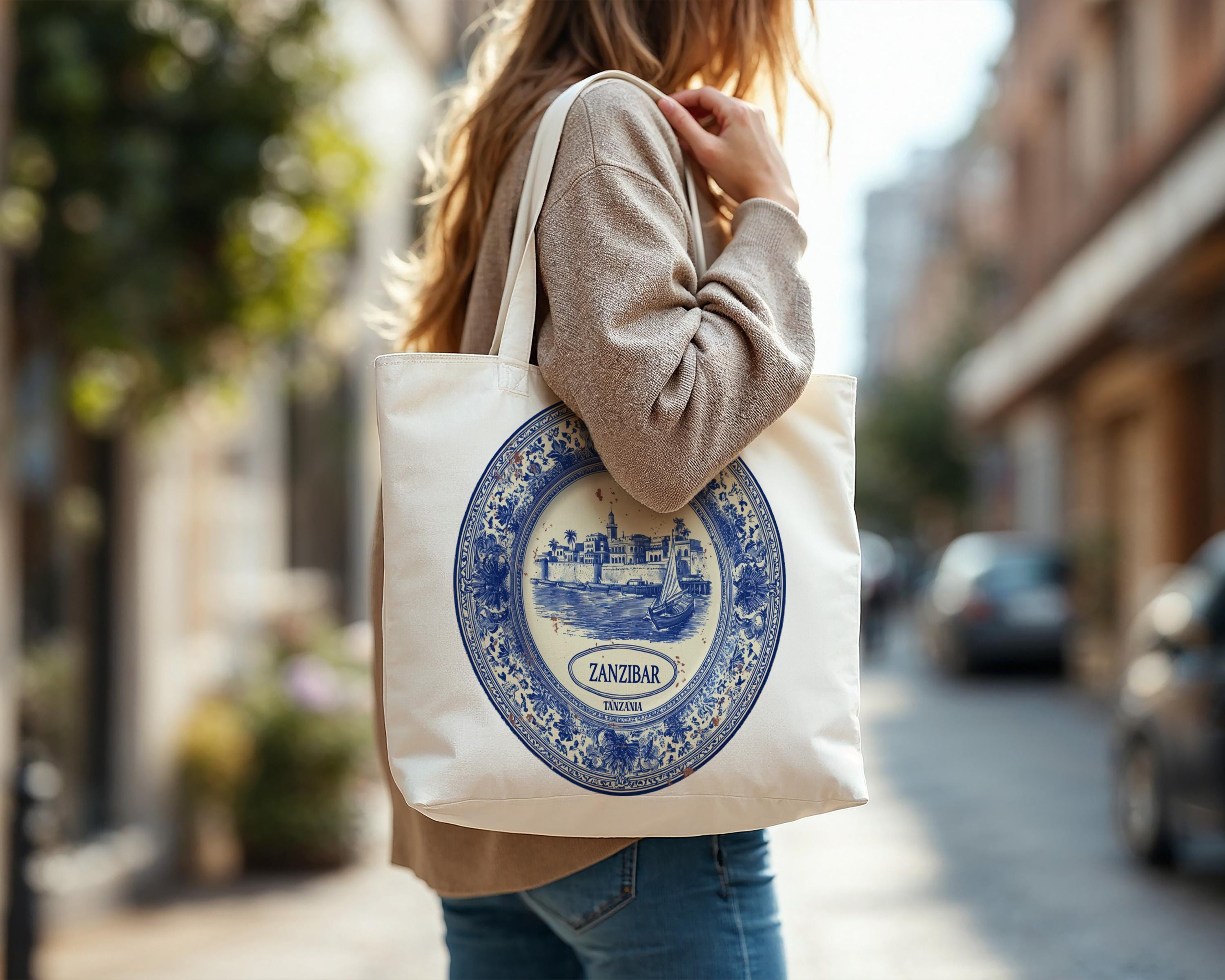 Zanzibar Tanzania Tote Bag, Delft Style Personalized Destination, City Wedding Gift Souvenir Cotton