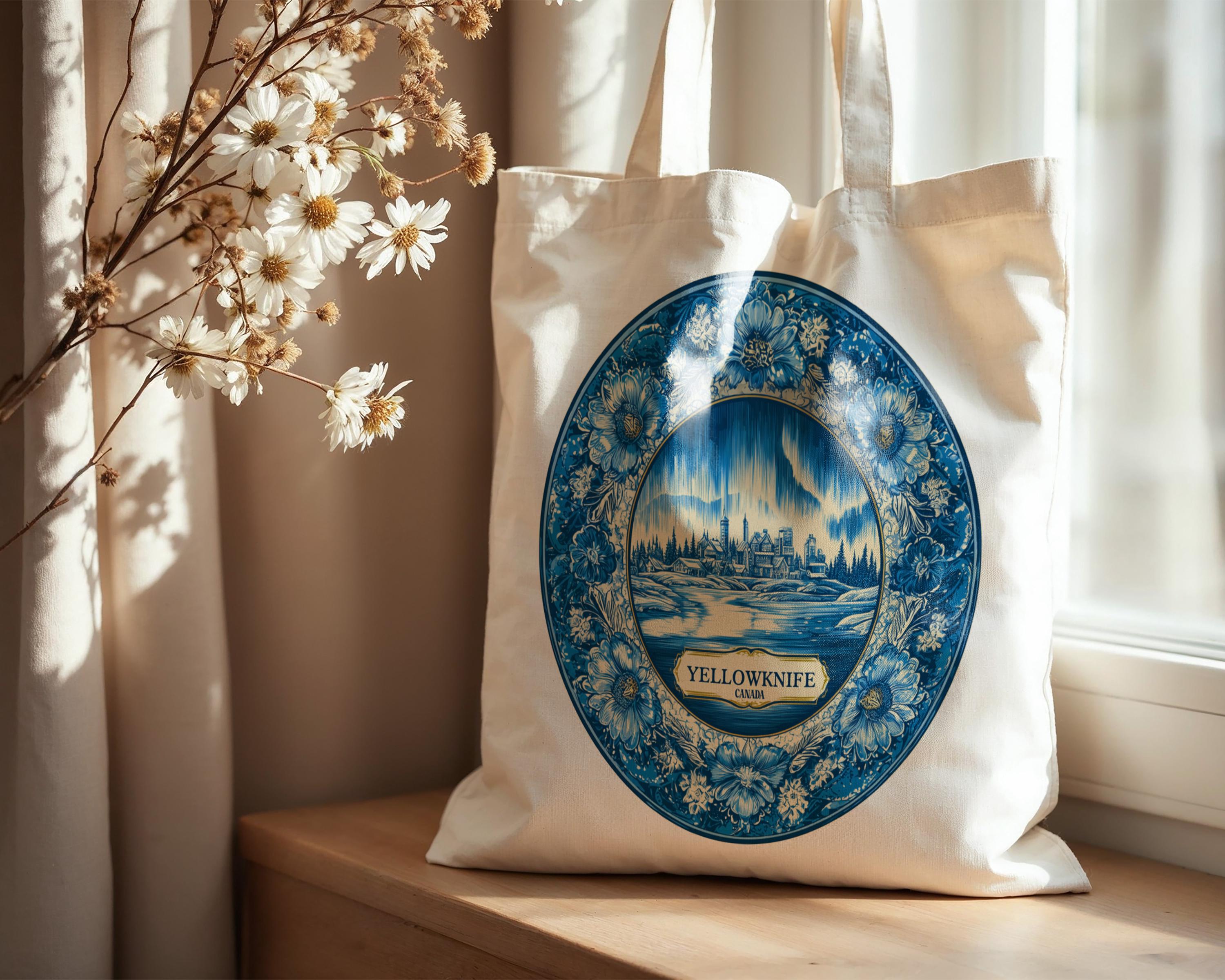Yellowknife Canada Tote Bag, Delft Style Personalized Destination, City Wedding Gift Souvenir Cotton