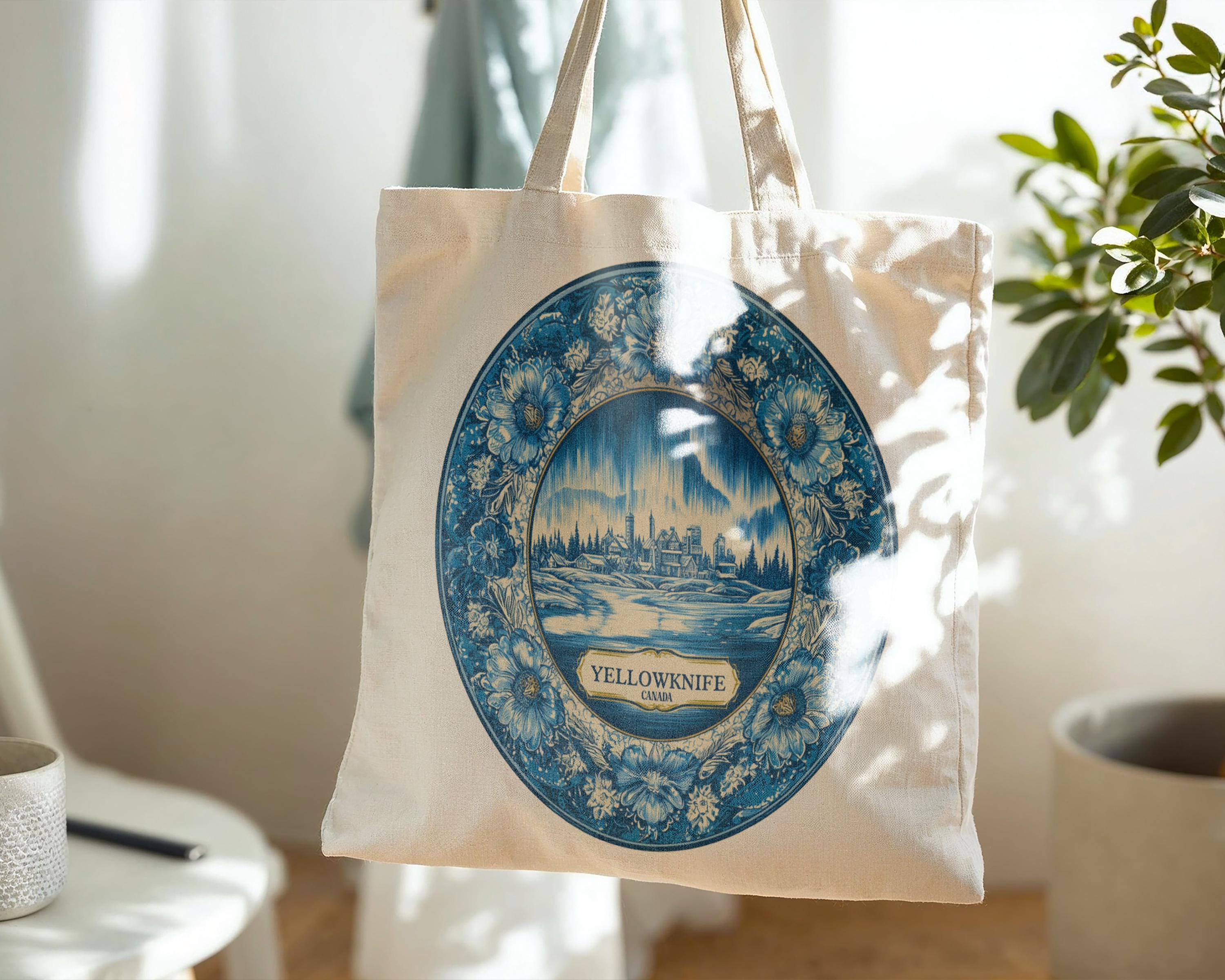 Yellowknife Canada Tote Bag, Delft Style Personalized Destination, City Wedding Gift Souvenir Cotton