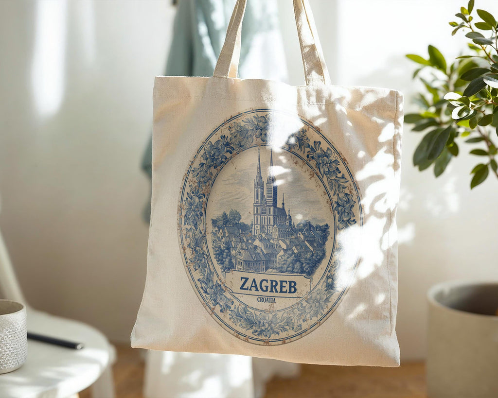 Zagreb Croatia Tote Bag, Delft Style Personalized Destination, City Wedding Gift Souvenir Cotton