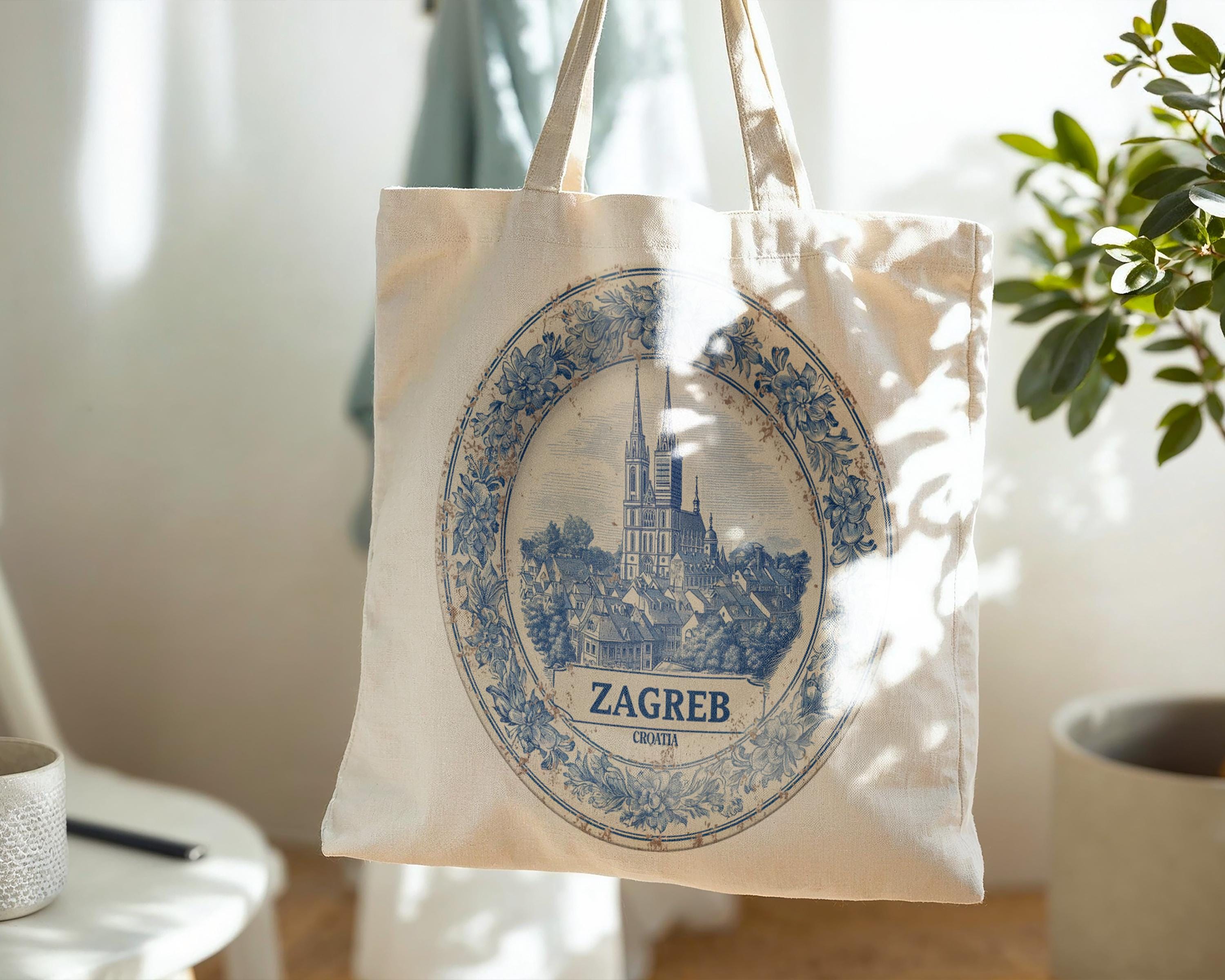 Zagreb Croatia Tote Bag, Delft Style Personalized Destination, City Wedding Gift Souvenir Cotton