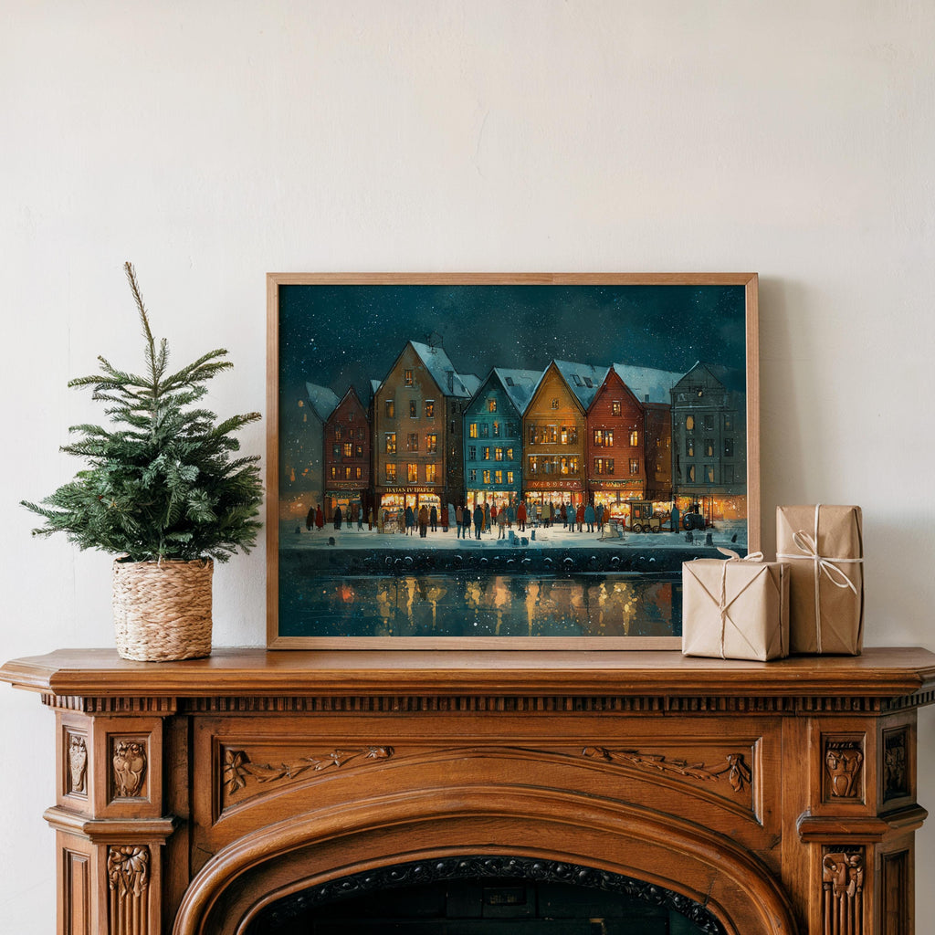 Bergen Norway Christmas Wall Art, Custom Large Travel Poster Print, World Location Painting