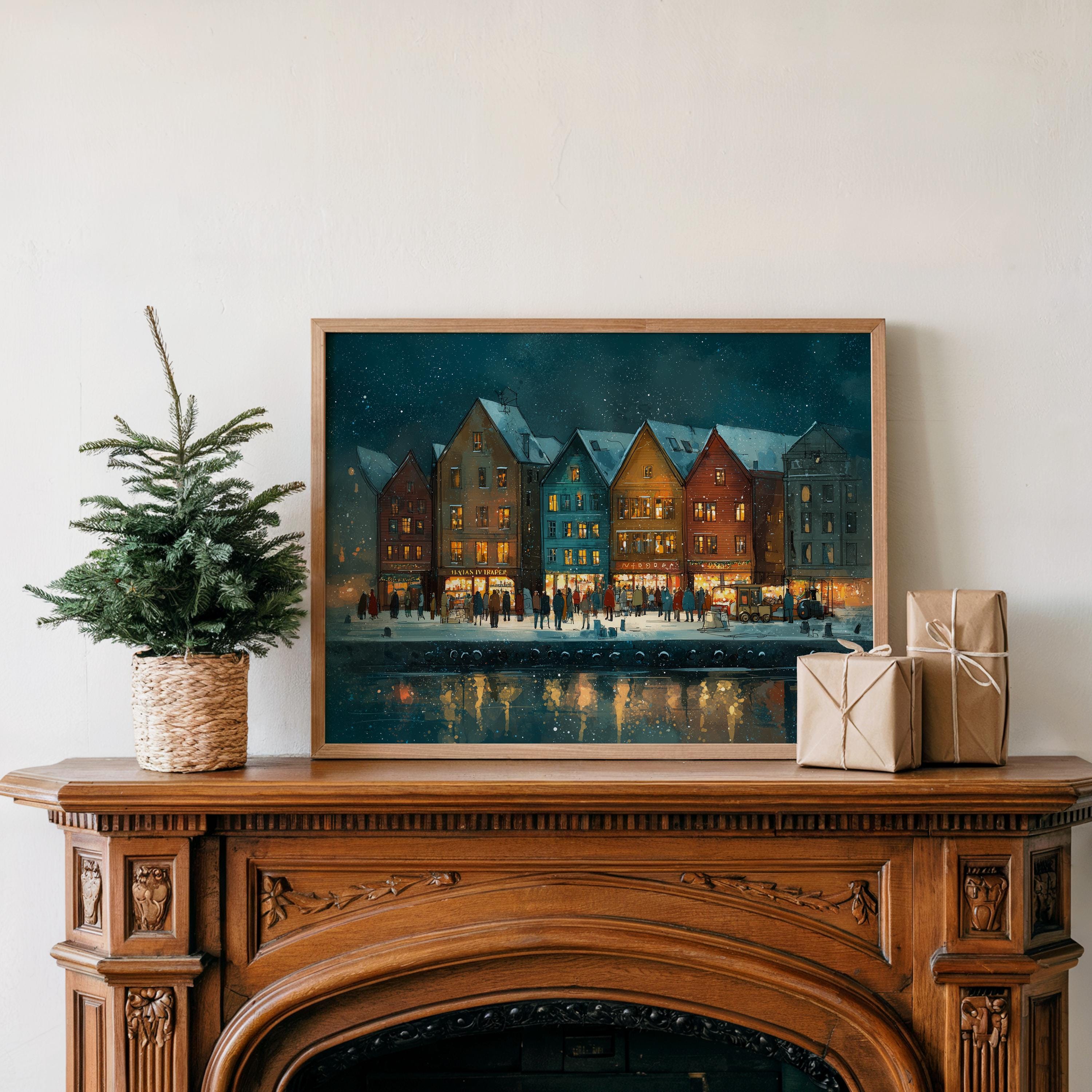 Bergen Norway Christmas Wall Art, Custom Large Travel Poster Print, World Location Painting