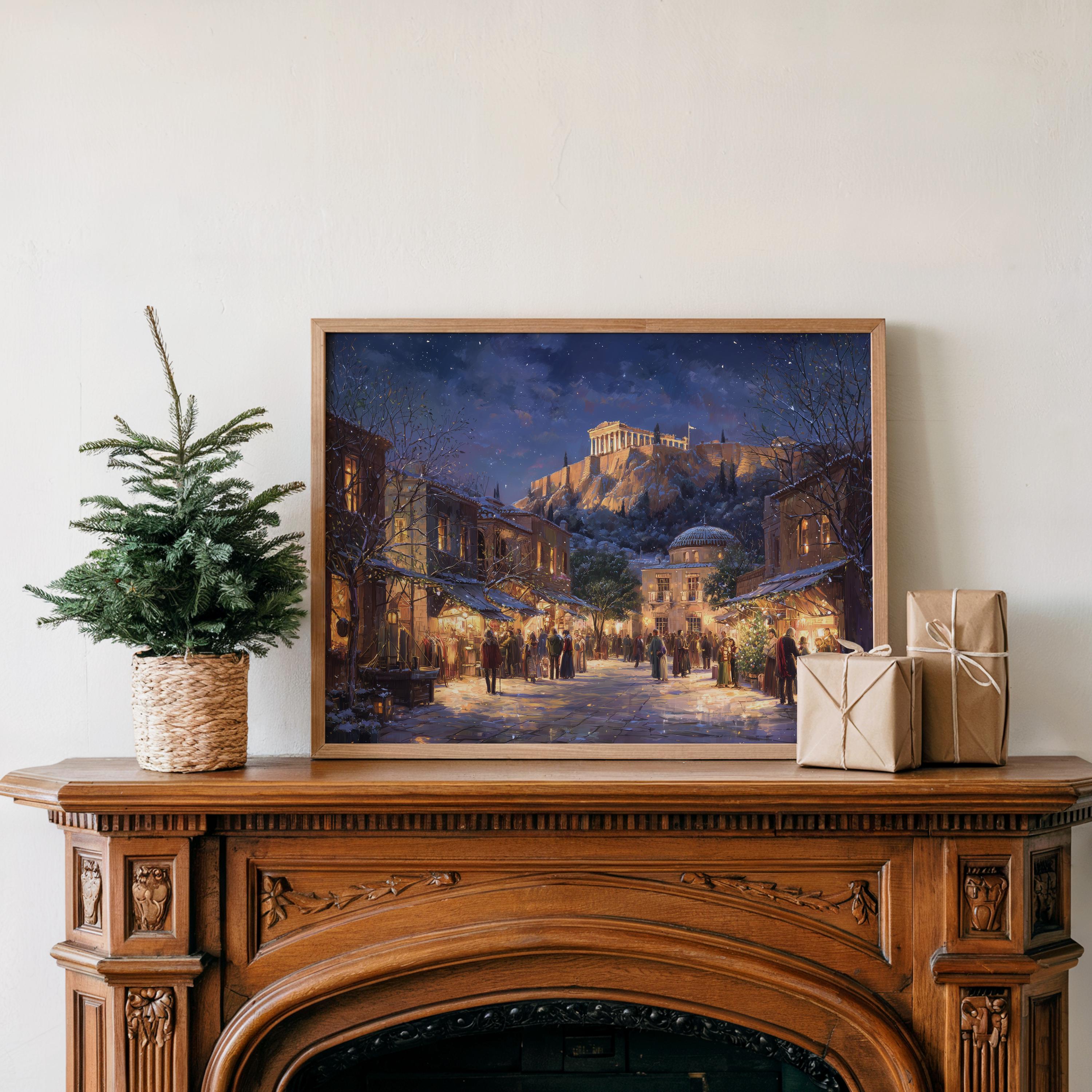 Athens Greece Christmas Wall Art, Custom Large Travel Poster Print, World Location Painting