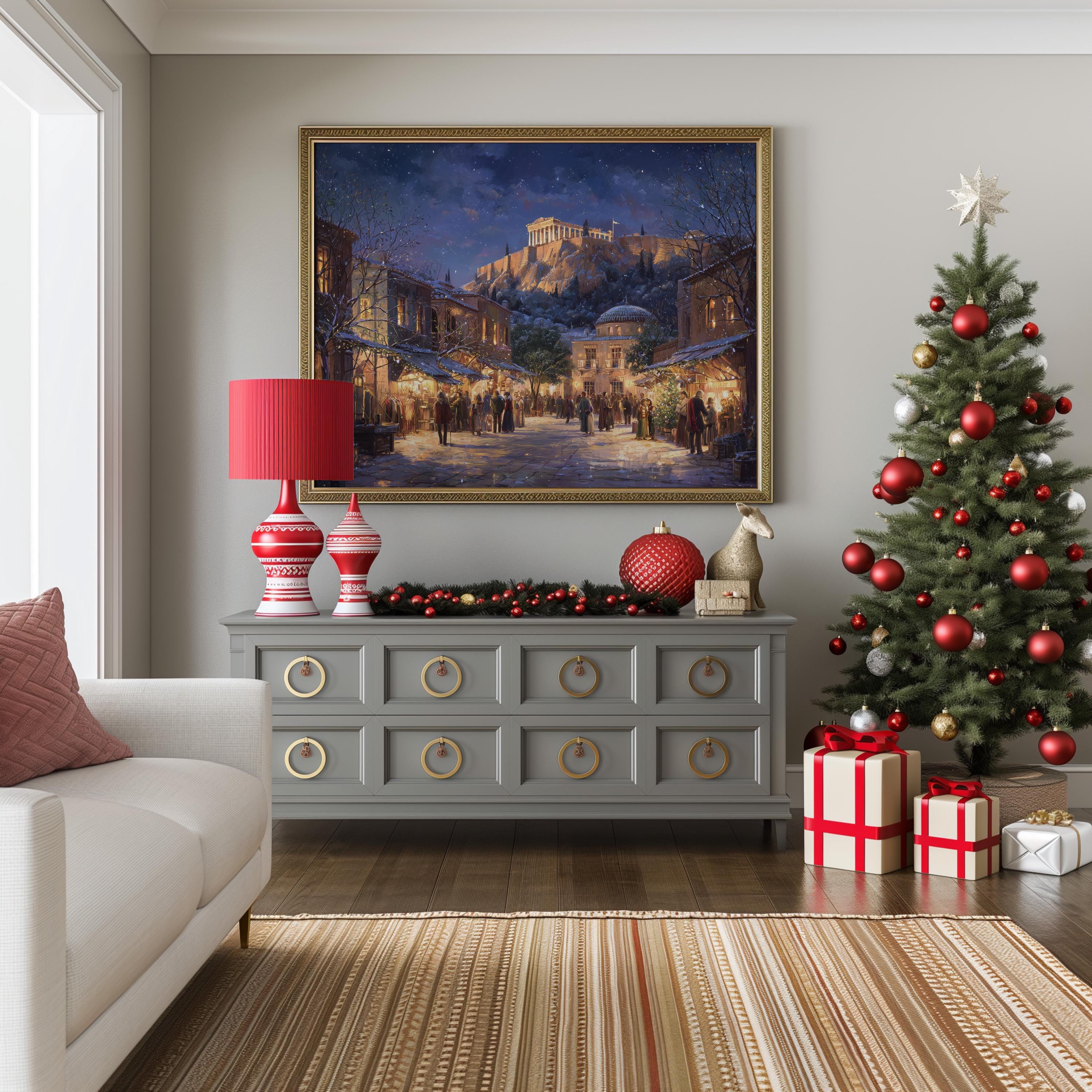 Athens Greece Christmas Wall Art, Custom Large Travel Poster Print, World Location Painting