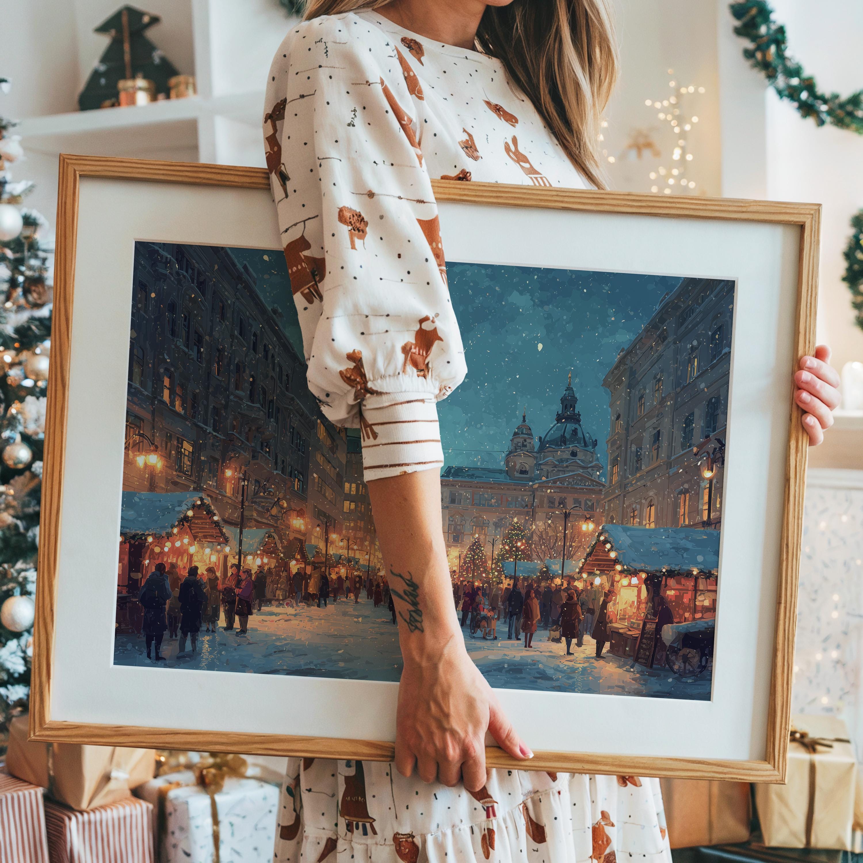 Budapest Hungary Christmas Wall Art, Custom Large Travel Poster Print, World Location Painting