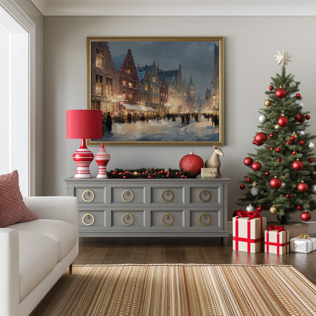 Bruges Belgium Christmas Wall Art, Custom Large Travel Poster Print, World Location Painting