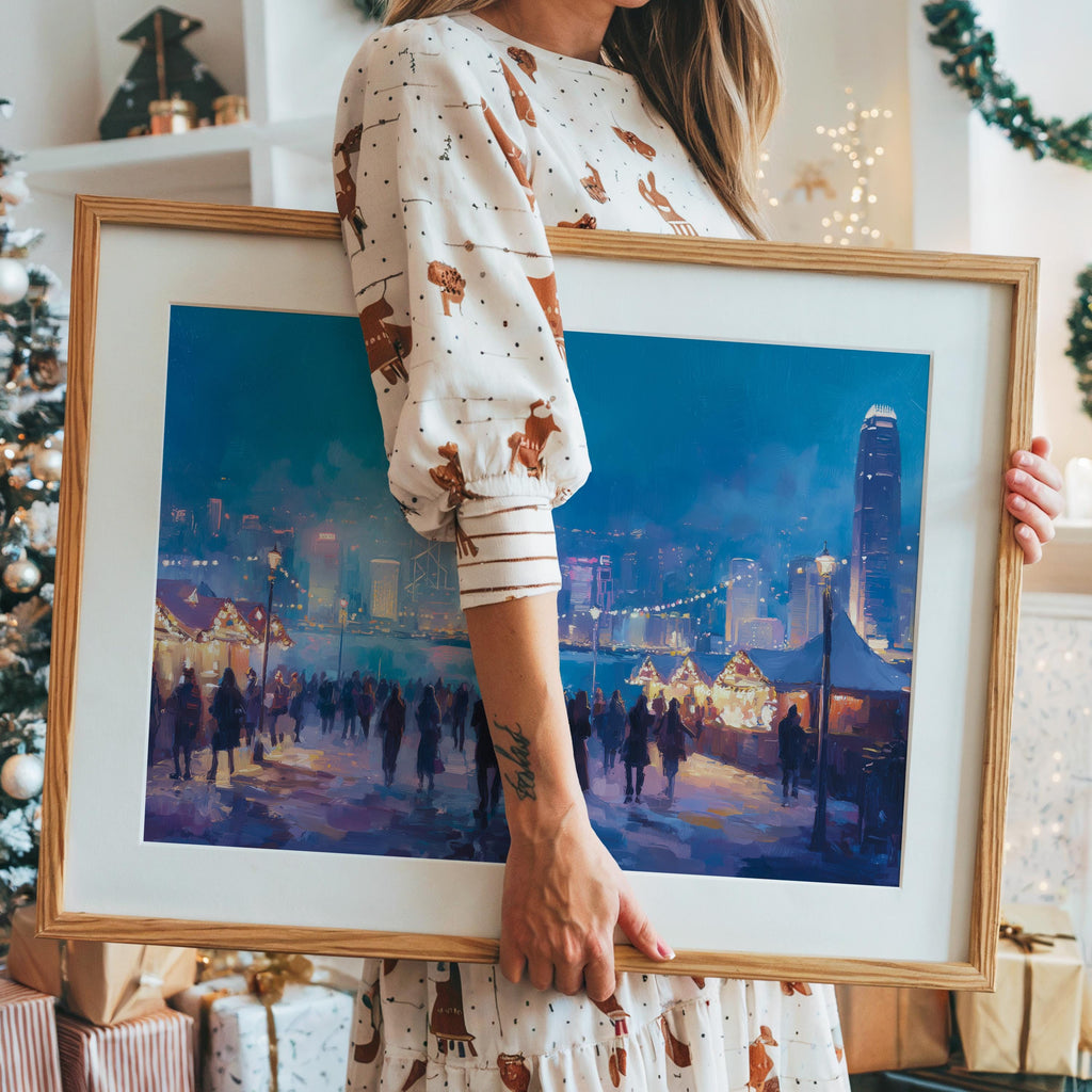 Hong Kong Christmas Wall Art, Custom Large Travel Poster Print, World Location Painting