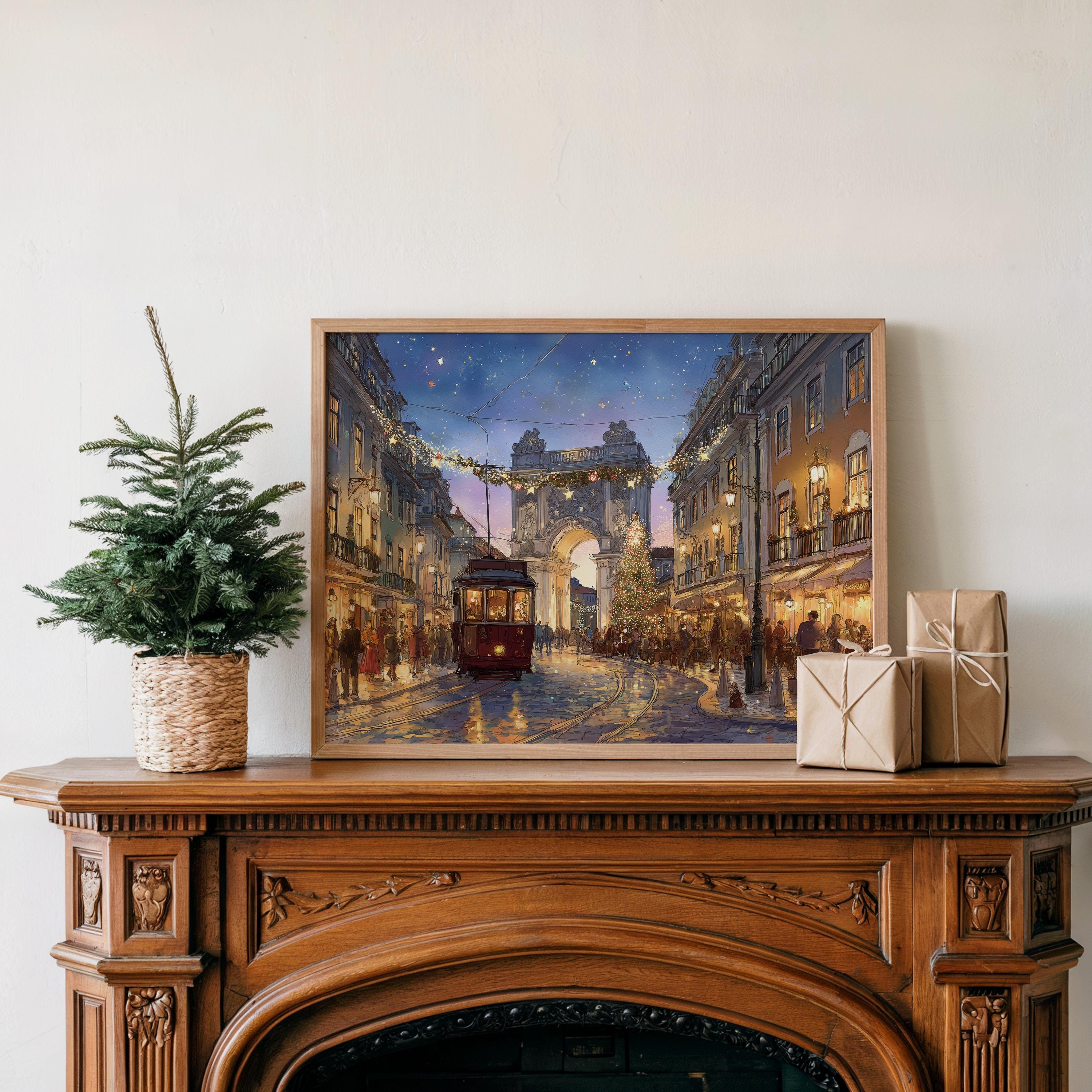 Lisbon Portugal Christmas Wall Art, Custom Large Travel Poster Print, World Location Painting