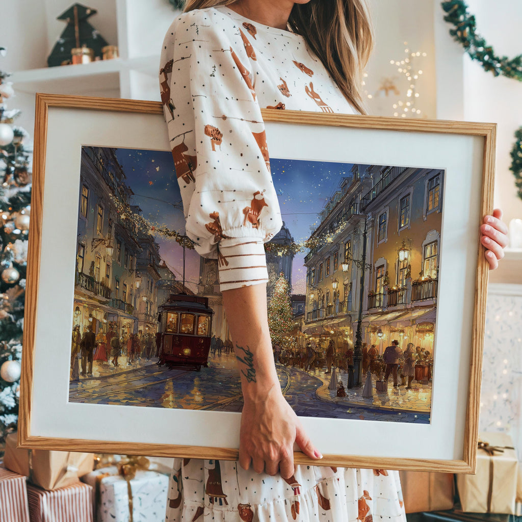 Lisbon Portugal Christmas Wall Art, Custom Large Travel Poster Print, World Location Painting