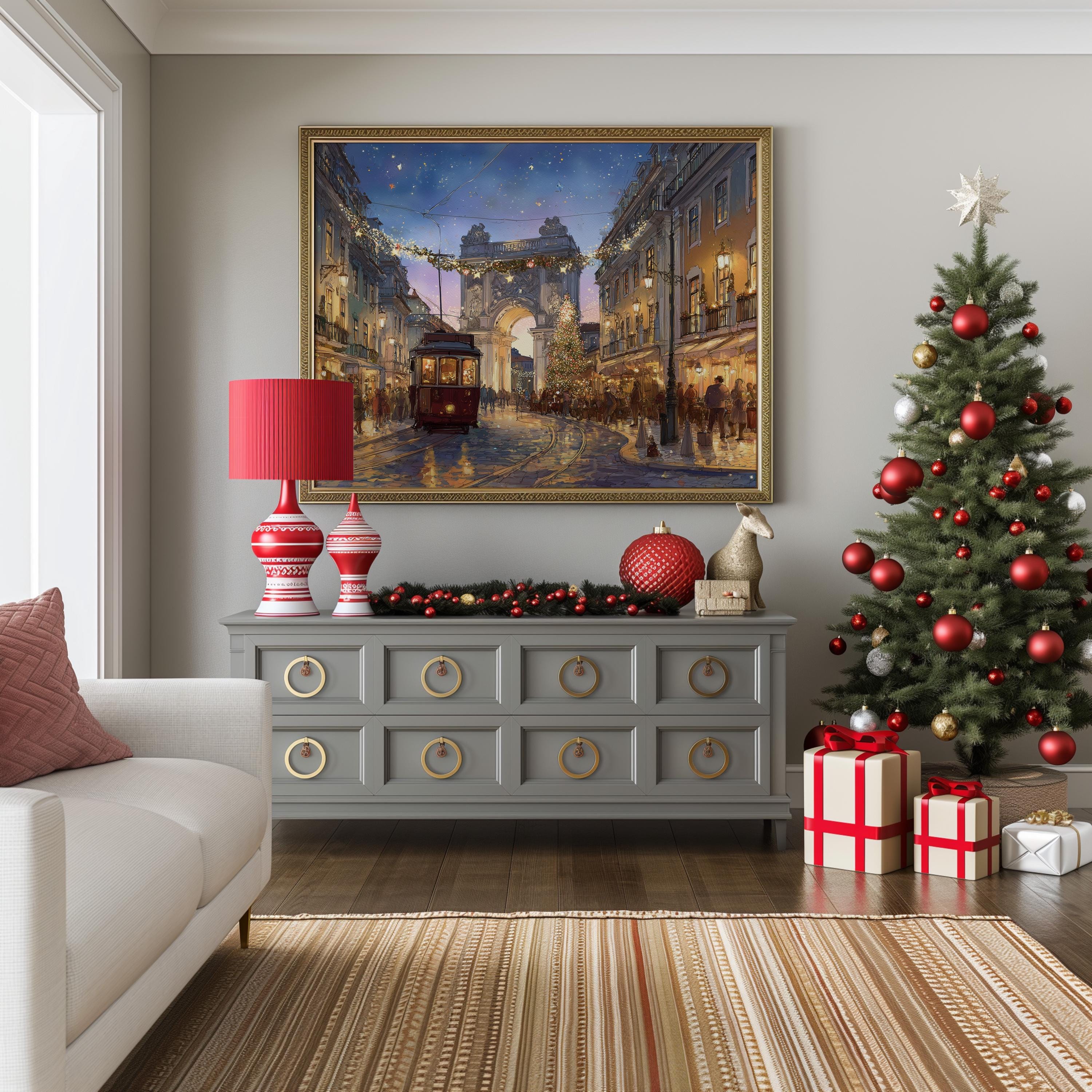 Lisbon Portugal Christmas Wall Art, Custom Large Travel Poster Print, World Location Painting