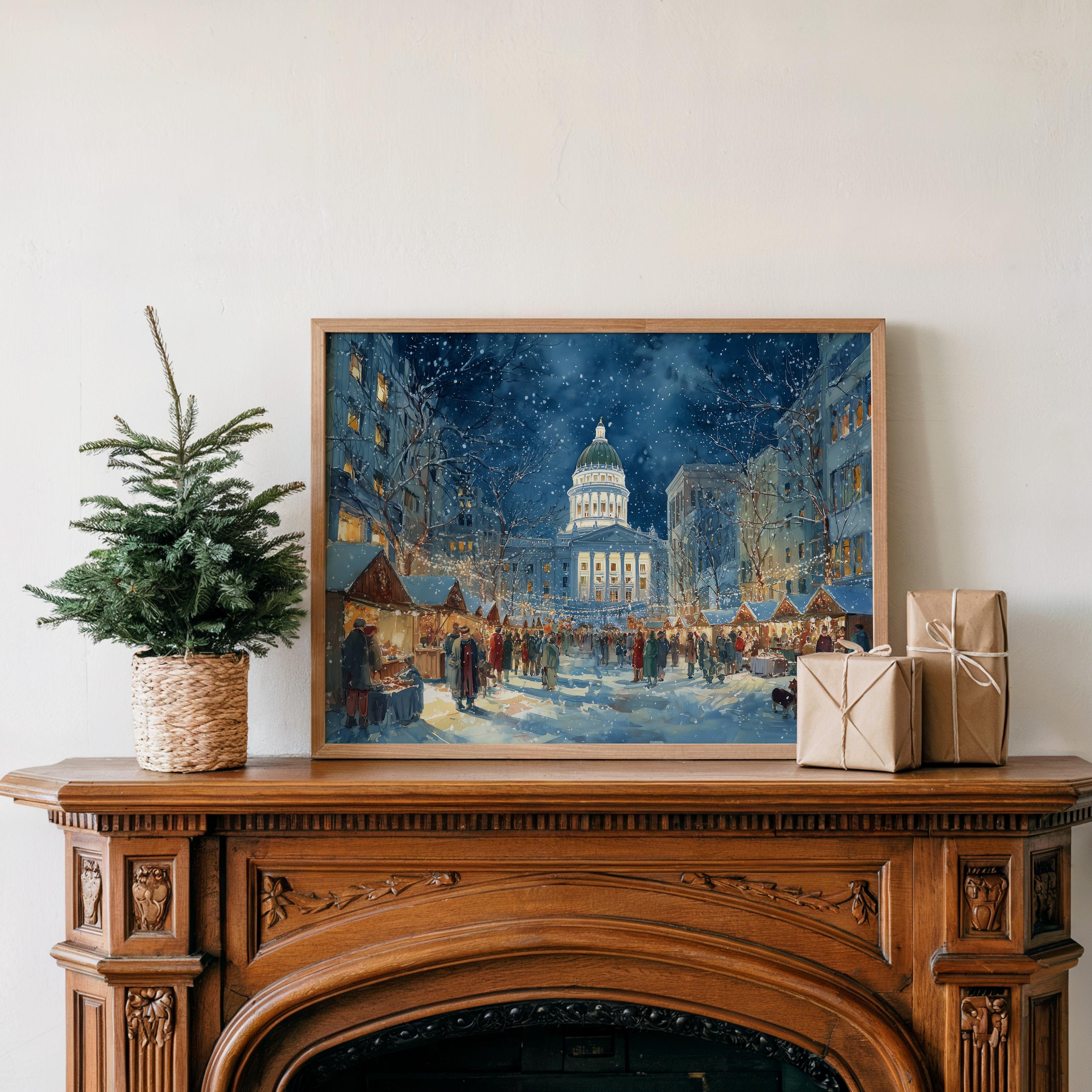 Madison Wisconsin Christmas Wall Art, Custom Large Travel Poster Print, World Location Painting