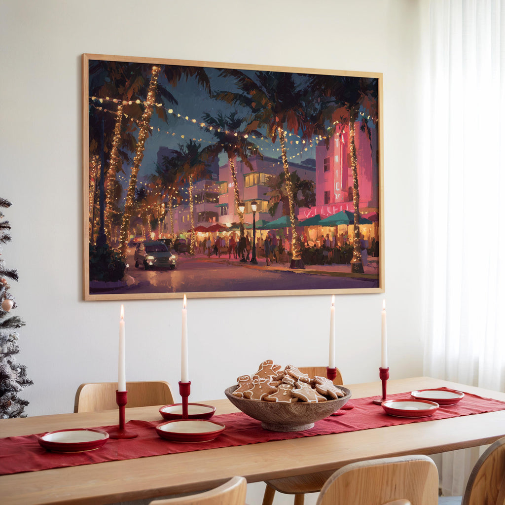Miami Florida Christmas Wall Art, Custom Large Travel Poster Print, World Location Painting