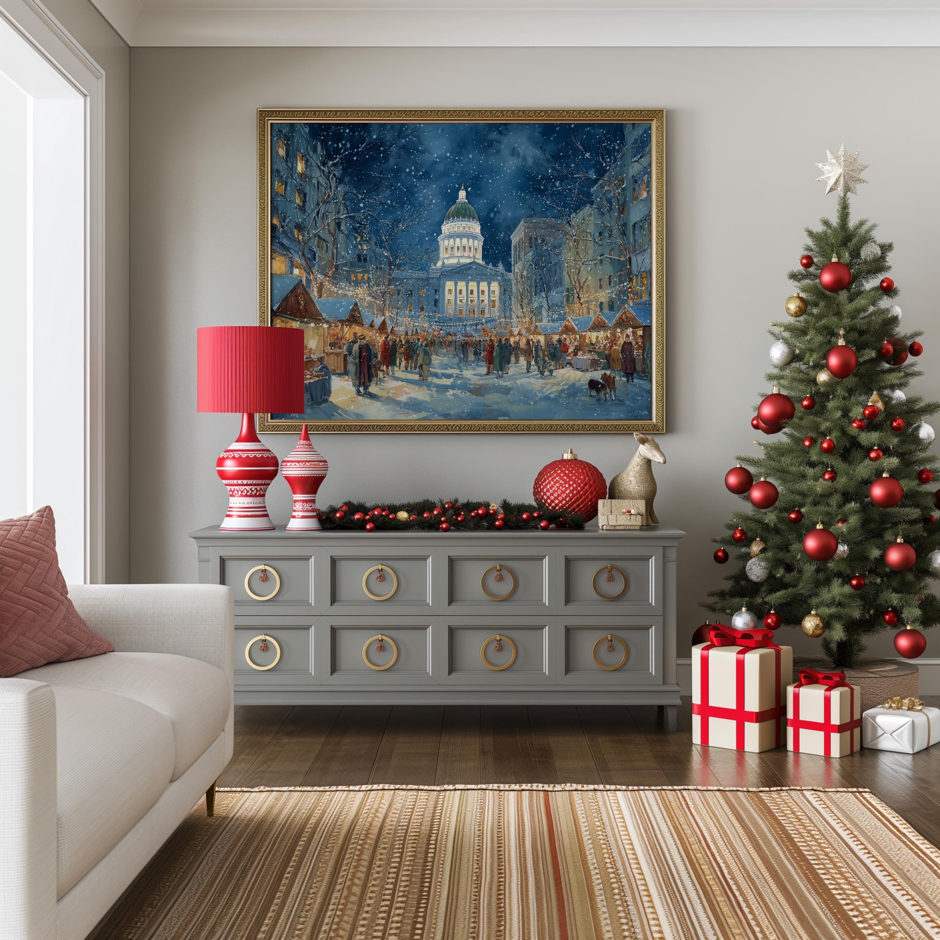 Madison Wisconsin Christmas Wall Art, Custom Large Travel Poster Print, World Location Painting
