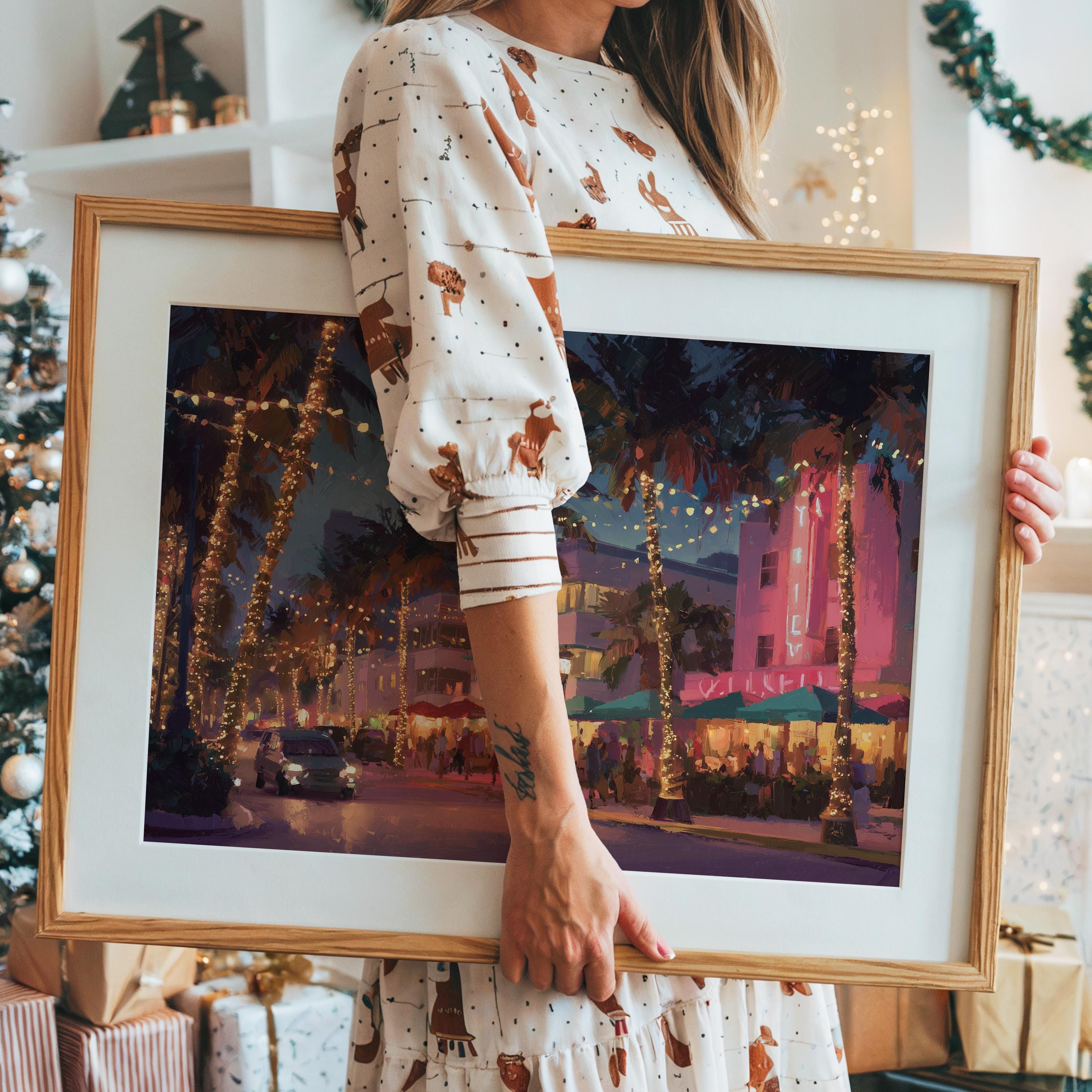 Miami Florida Christmas Wall Art, Custom Large Travel Poster Print, World Location Painting