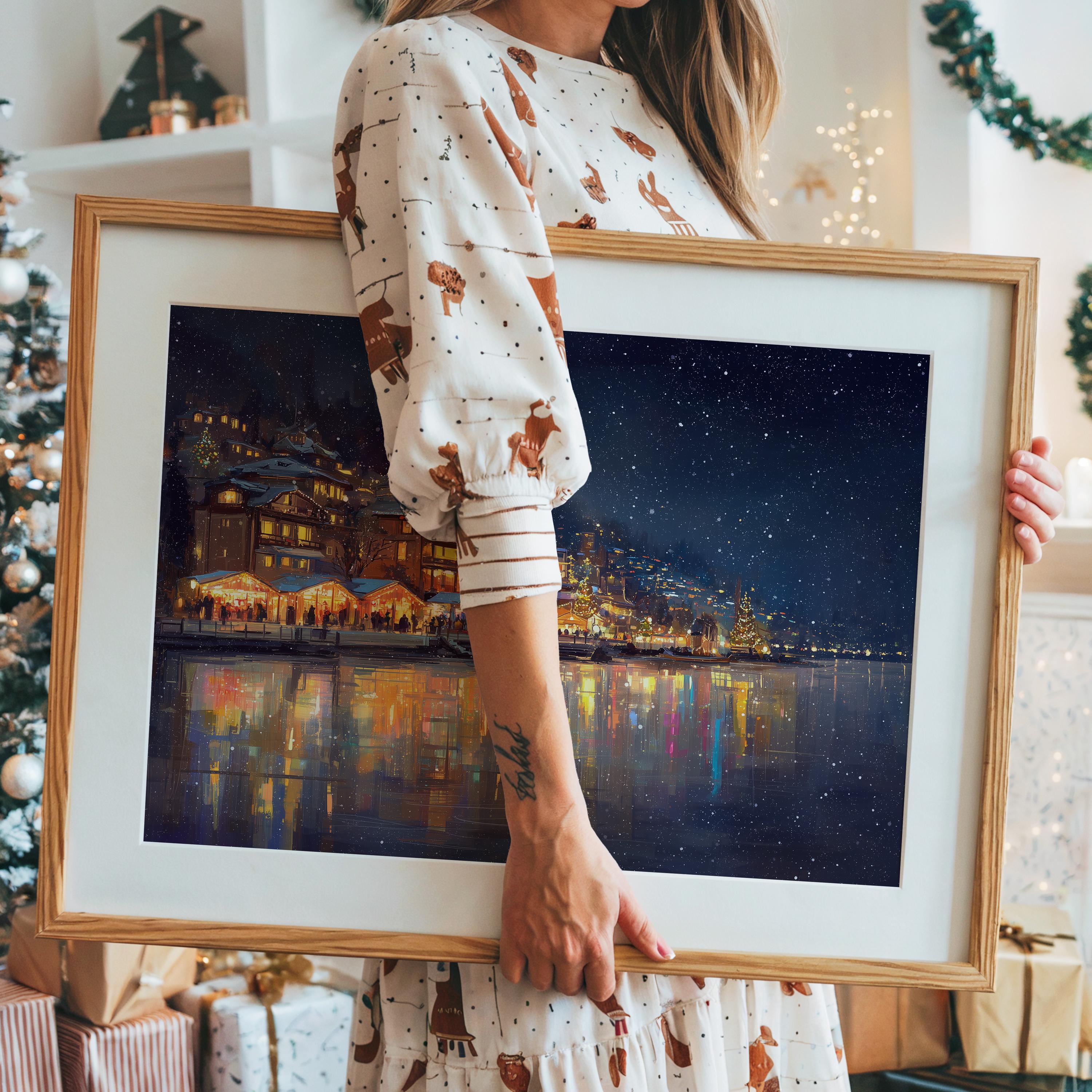 Montreux Switzerland Christmas Wall Art, Custom Large Travel Poster Print, World Location Painting