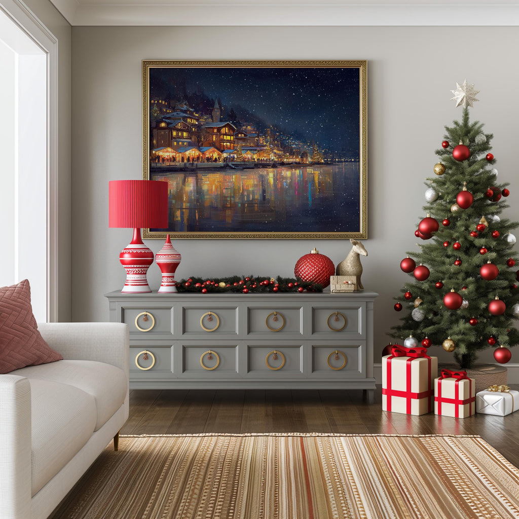 Montreux Switzerland Christmas Wall Art, Custom Large Travel Poster Print, World Location Painting