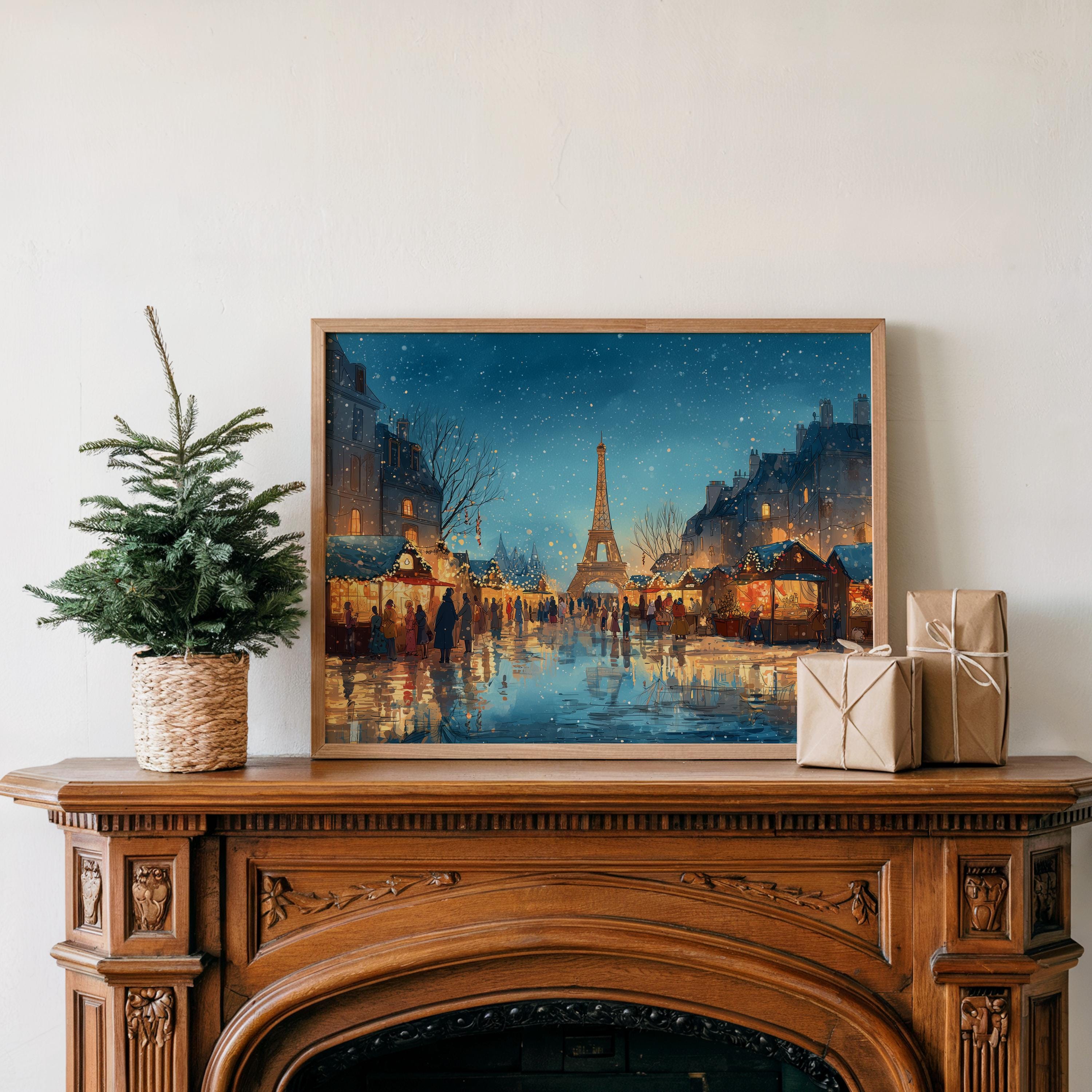 Paris France Christmas Wall Art, Custom Large Travel Poster Print, World Location Painting