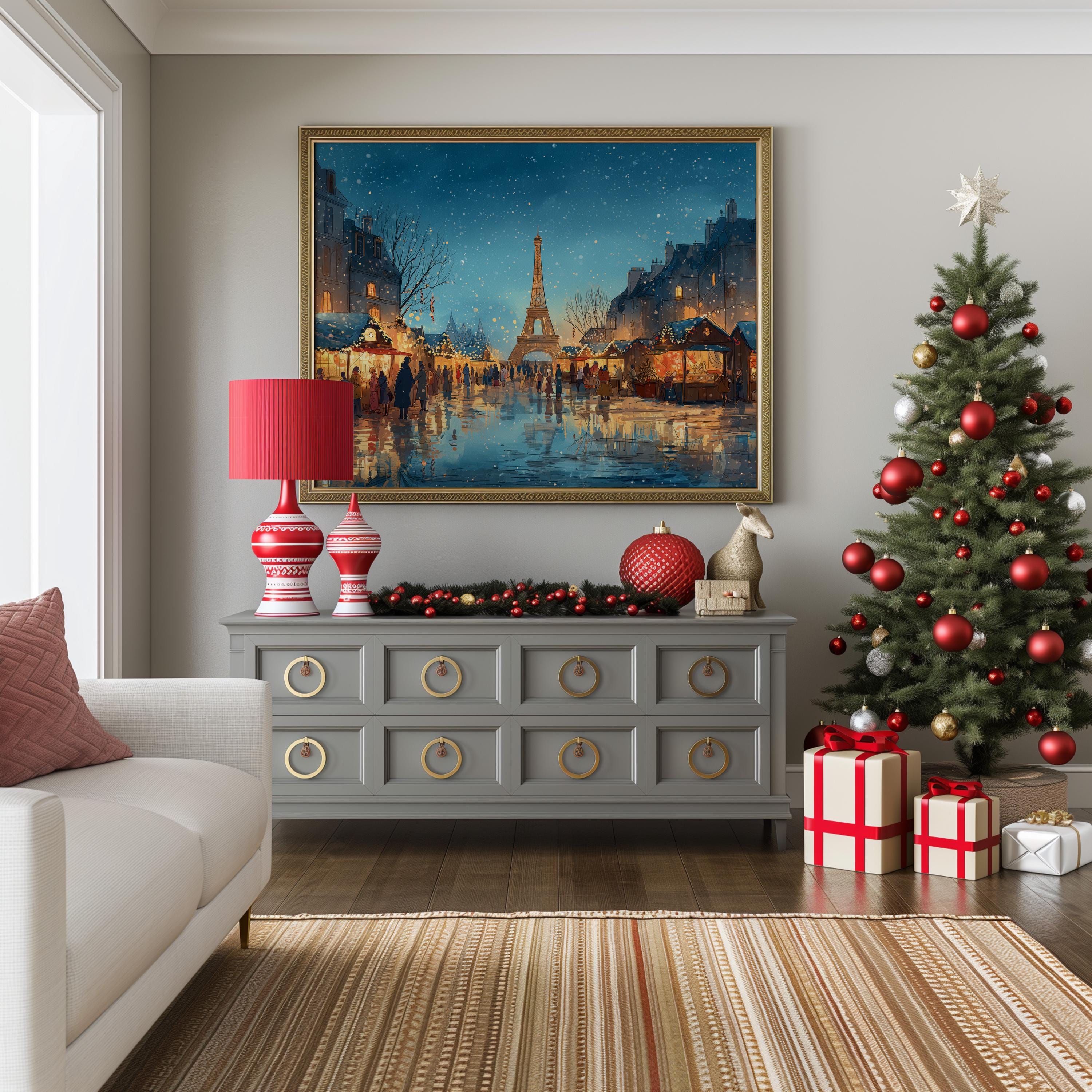 Paris France Christmas Wall Art, Custom Large Travel Poster Print, World Location Painting