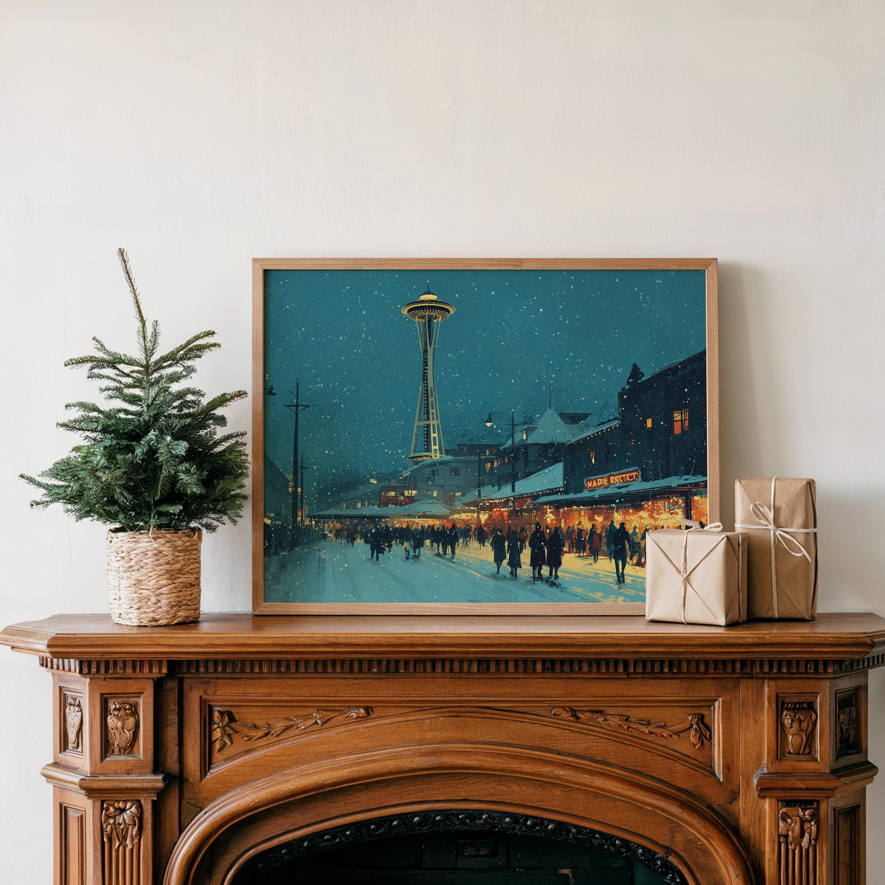 Seattle Washington Christmas Wall Art, Custom Large Travel Poster Print, World Location Painting