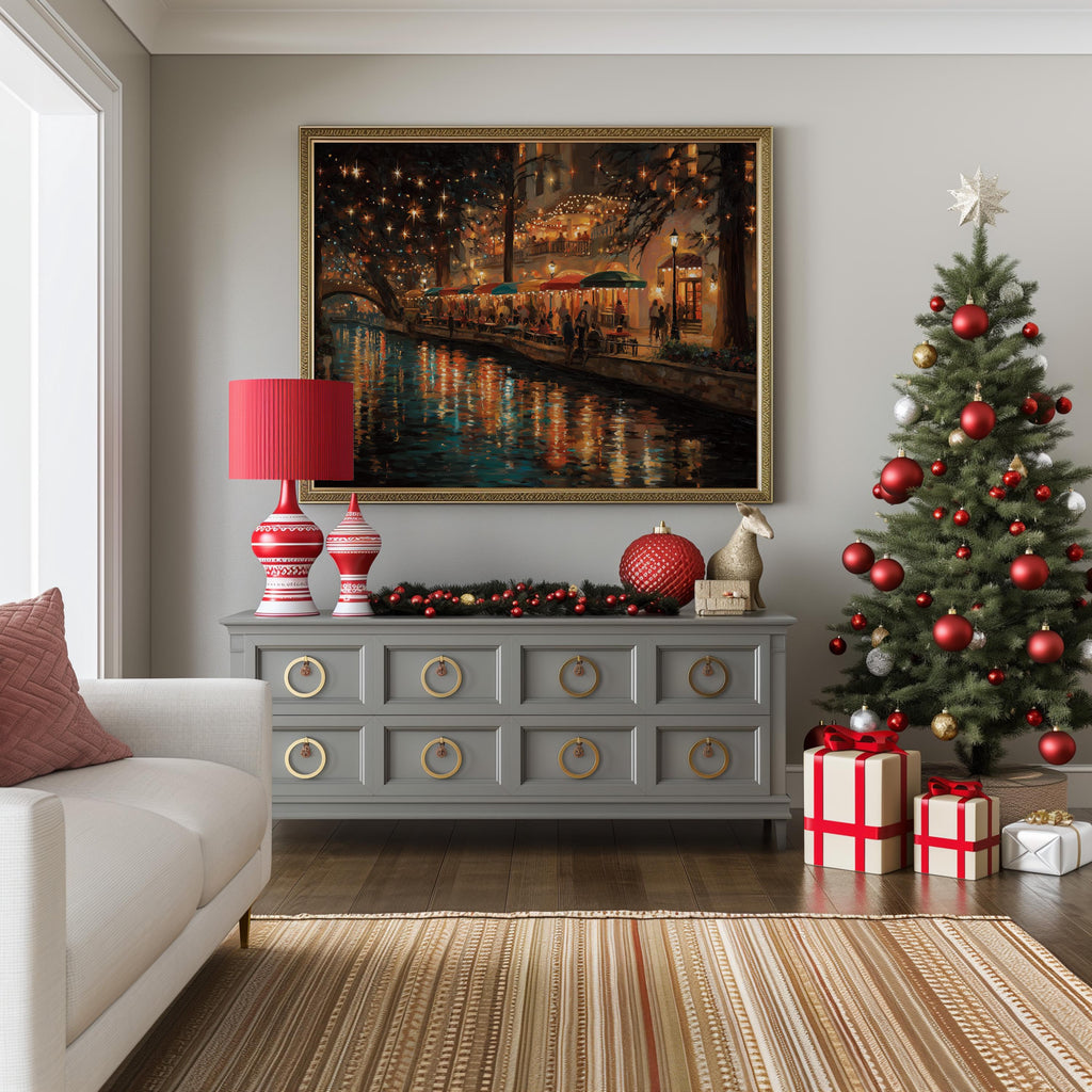 San Antonio Texas Christmas Wall Art, Custom Large Travel Poster Print, World Location Painting