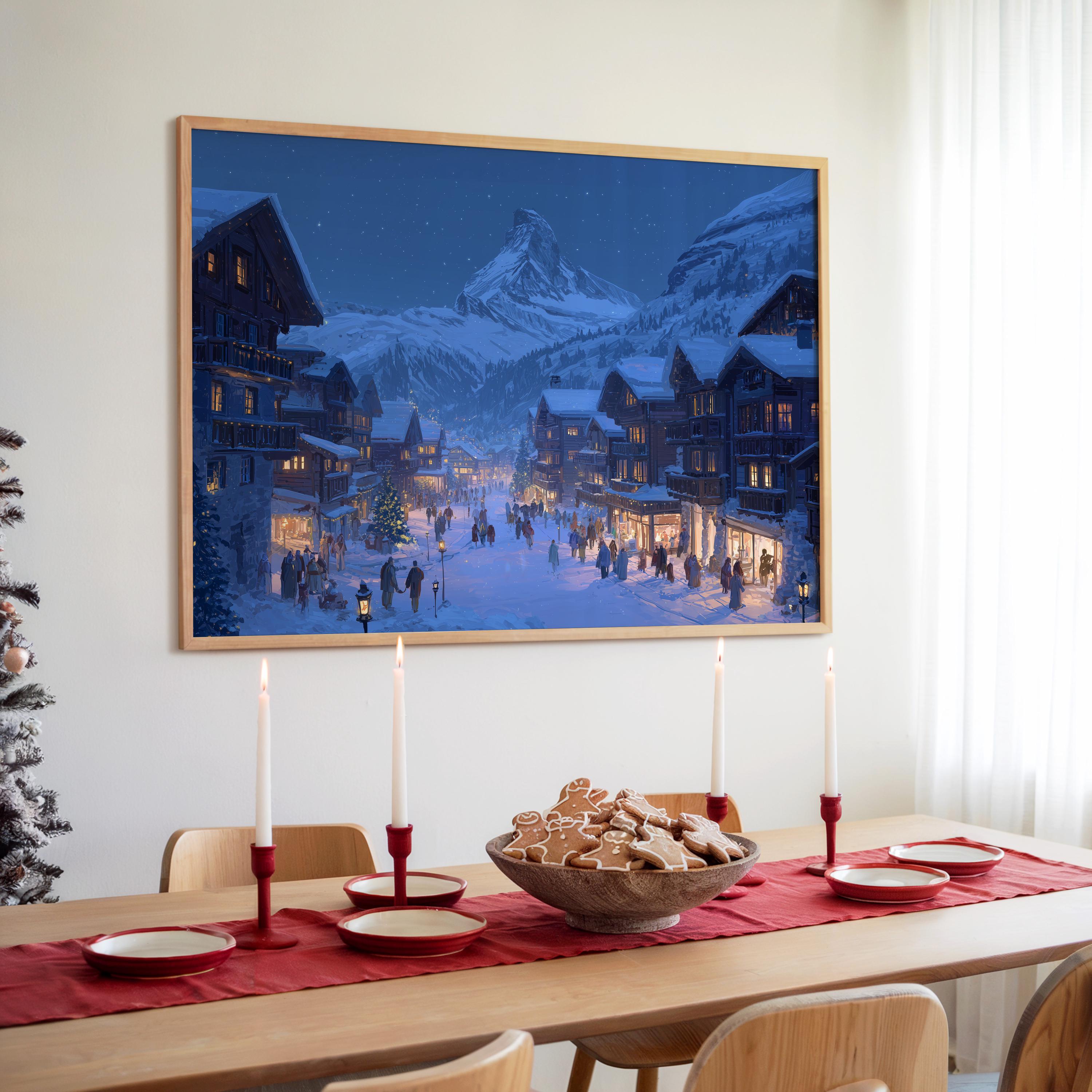 Zermatt Switzerland Christmas Wall Art, Custom Large Travel Poster Print, World Location Painting