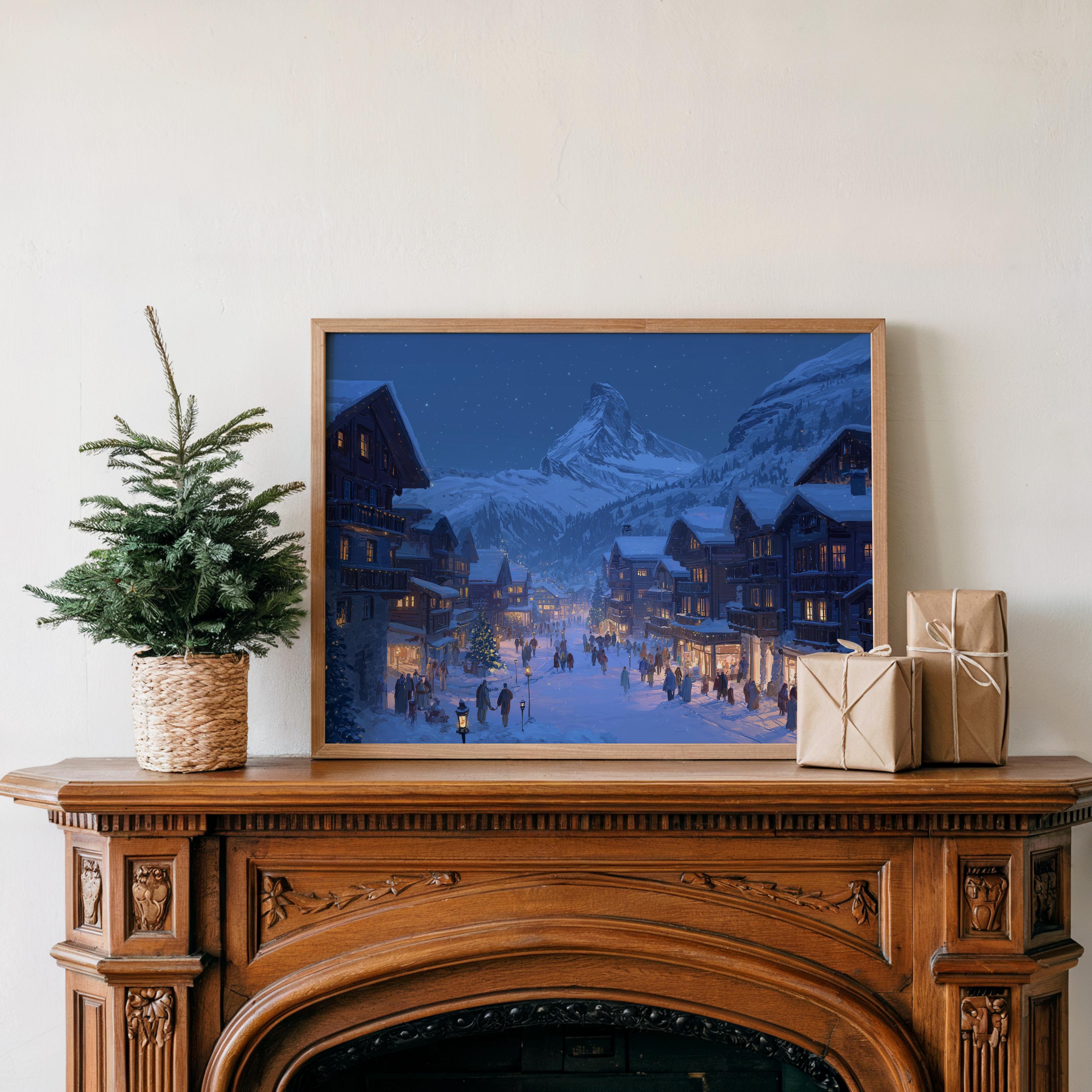 Zermatt Switzerland Christmas Wall Art, Custom Large Travel Poster Print, World Location Painting