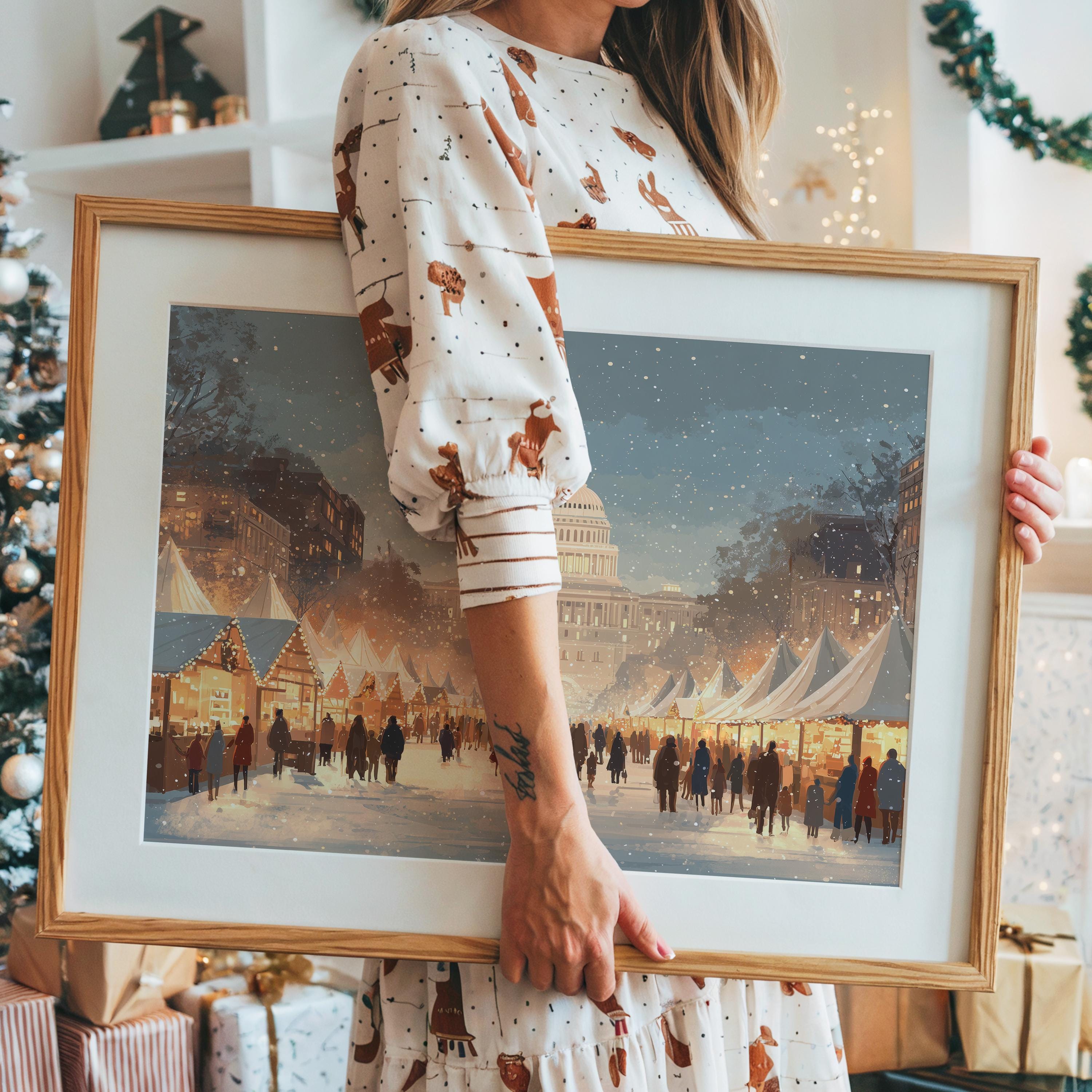 Washington DC Christmas Wall Art, Custom Large Travel Poster Print, World Location Painting