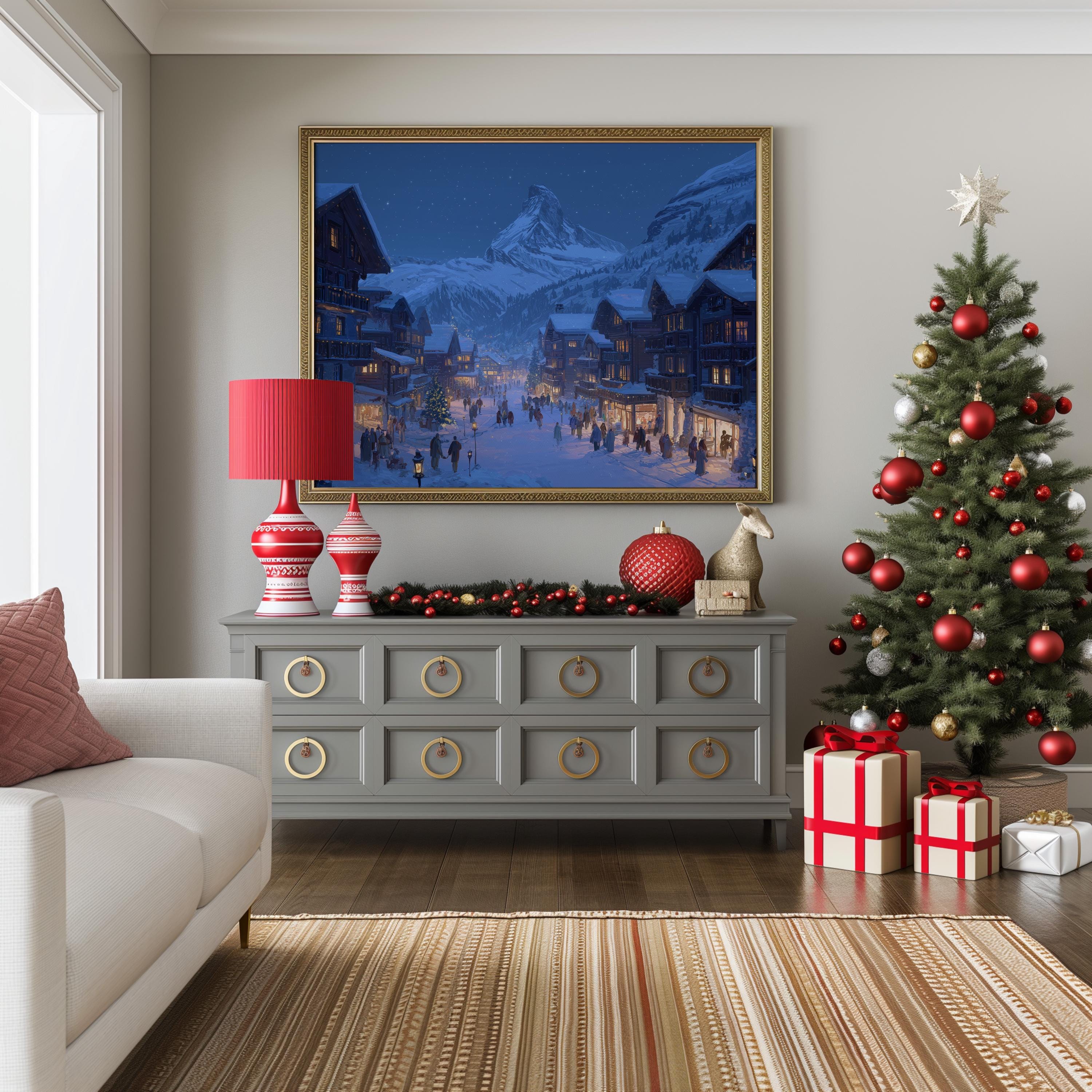 Zermatt Switzerland Christmas Wall Art, Custom Large Travel Poster Print, World Location Painting