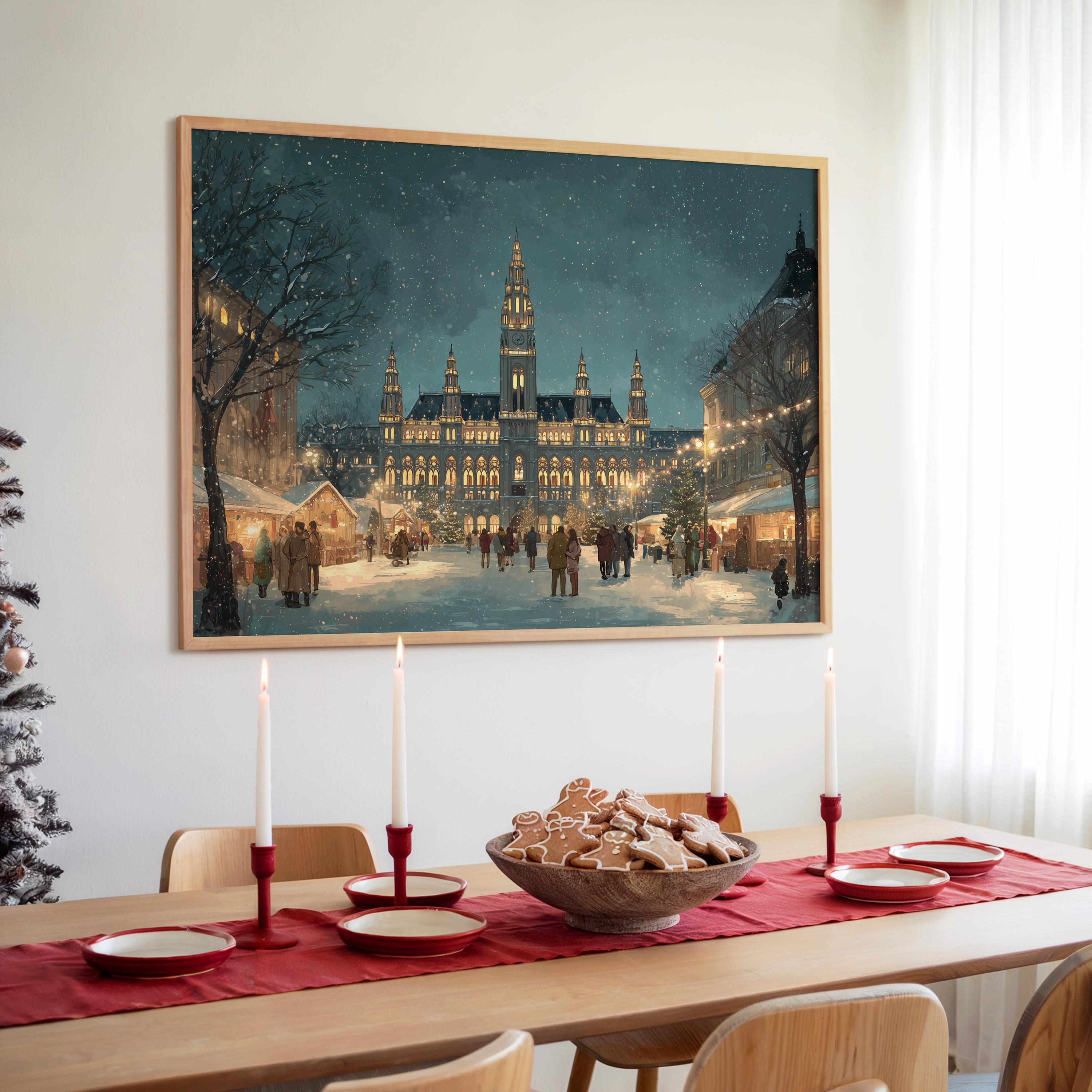 Vienna Rathausplatz Christmas Wall Art, Custom Large Travel Poster Print, World Location Painting
