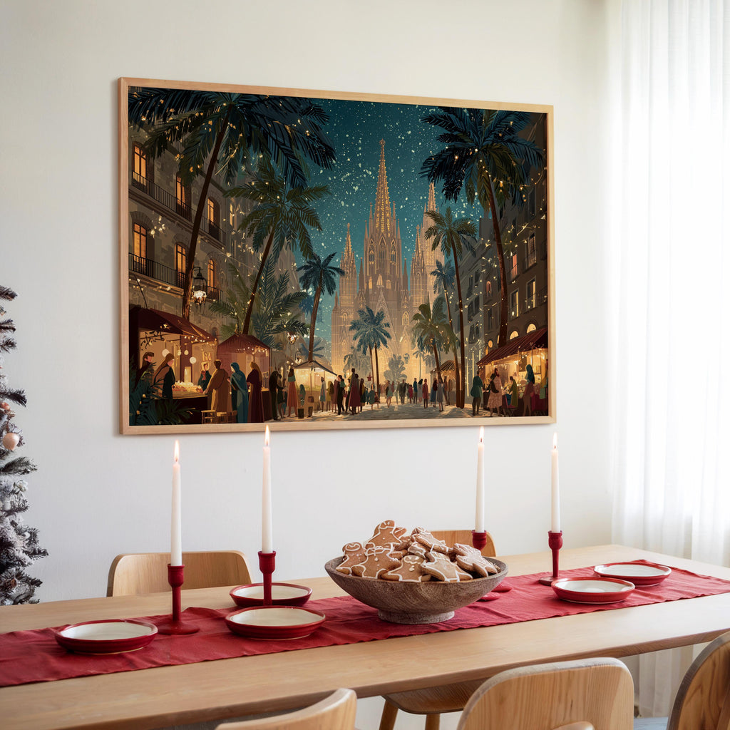 Barcelona Spain Christmas Wall Art, Custom Large Travel Poster Print, World Location Painting