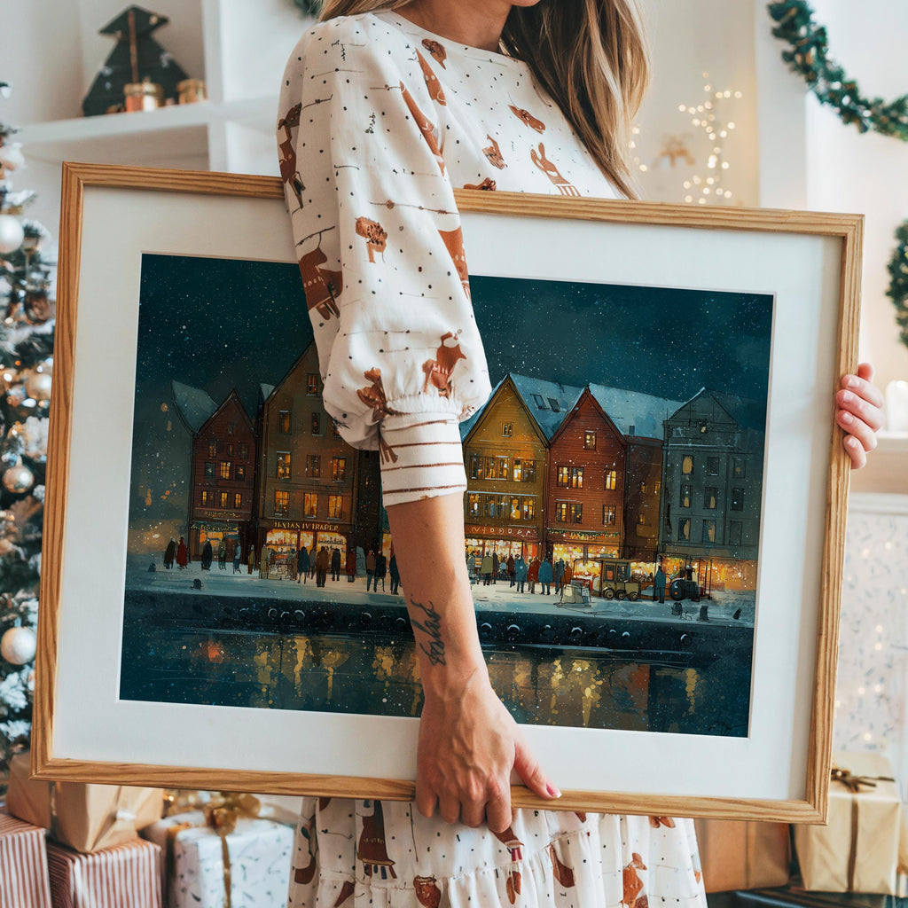 Bergen Norway Christmas Wall Art, Custom Large Travel Poster Print, World Location Painting