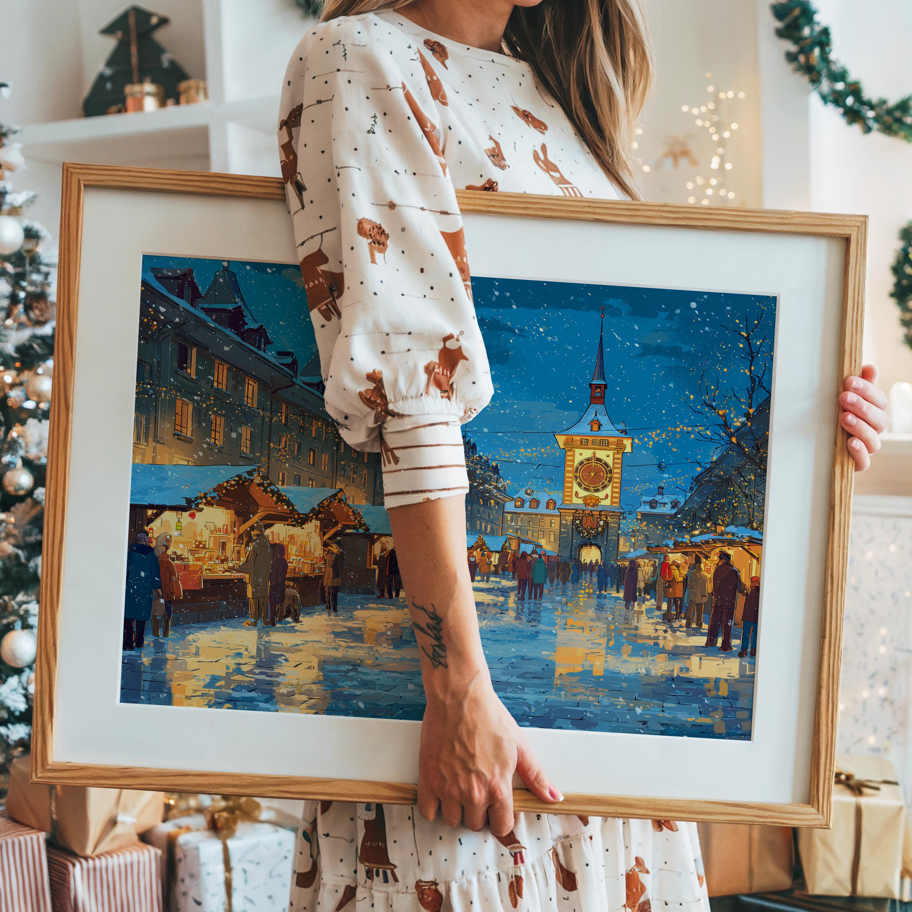 Bern Switzerland Christmas Wall Art, Custom Large Travel Poster Print, World Location Painting