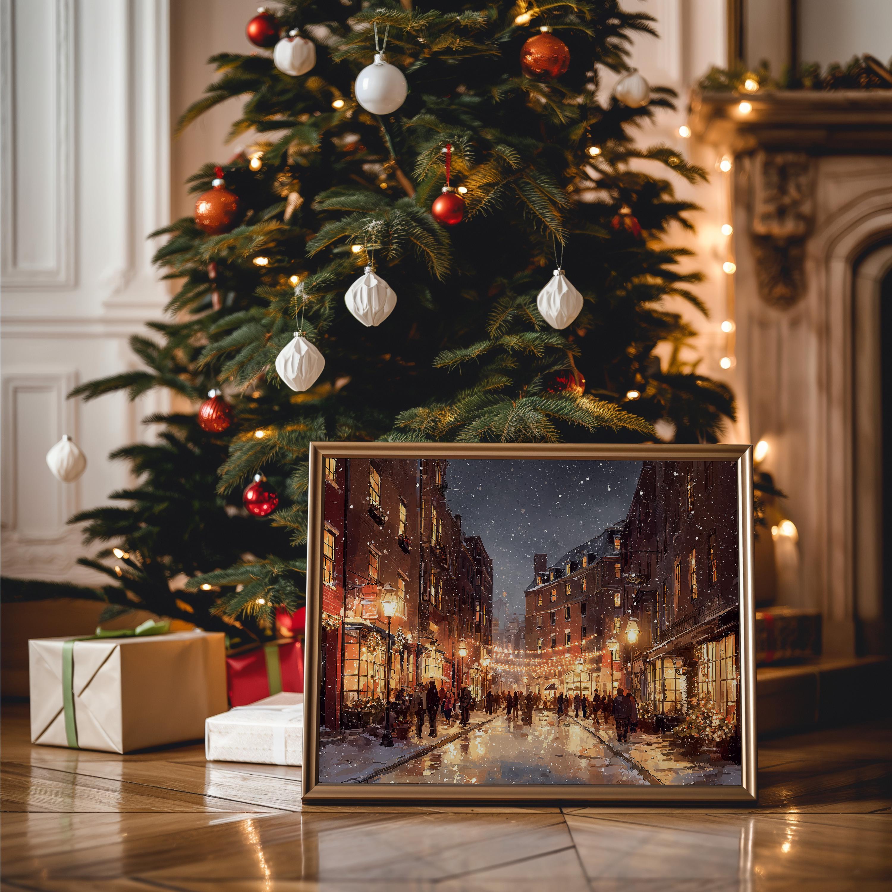 Boston Massachusetts Christmas Wall Art, Custom Large Travel Poster Print, World Location Painting