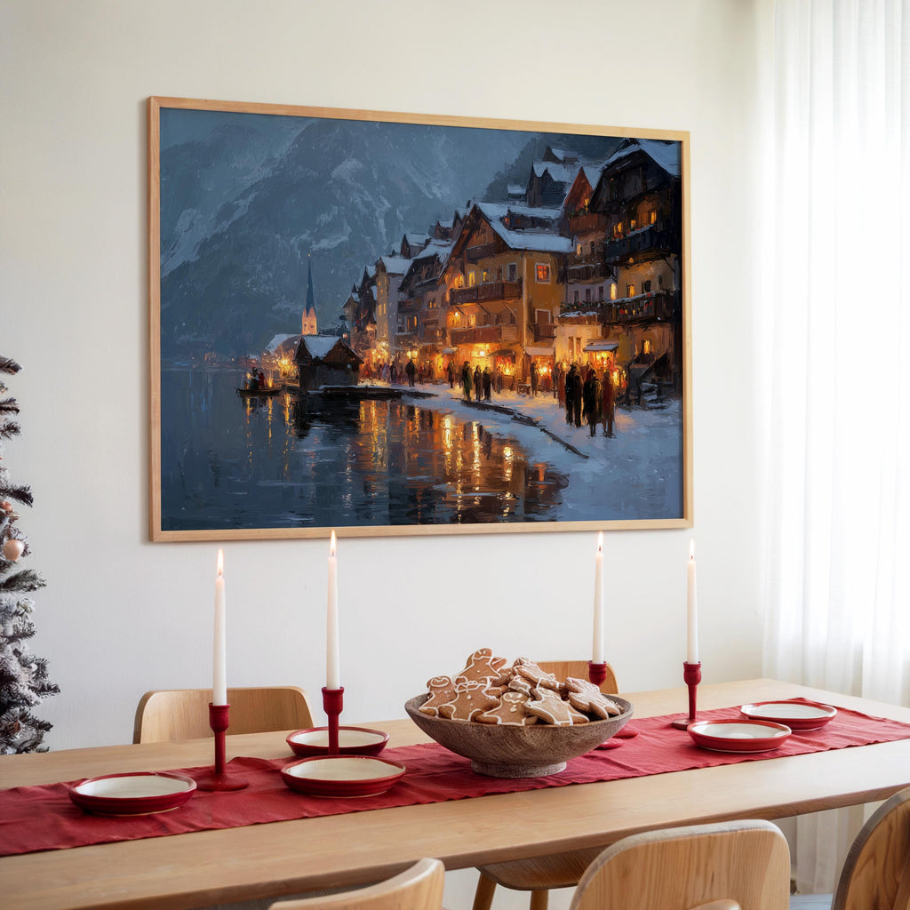 Hallstatt Christmas Wall Art, Custom Large Austria Travel Poster Print, World Location Painting
