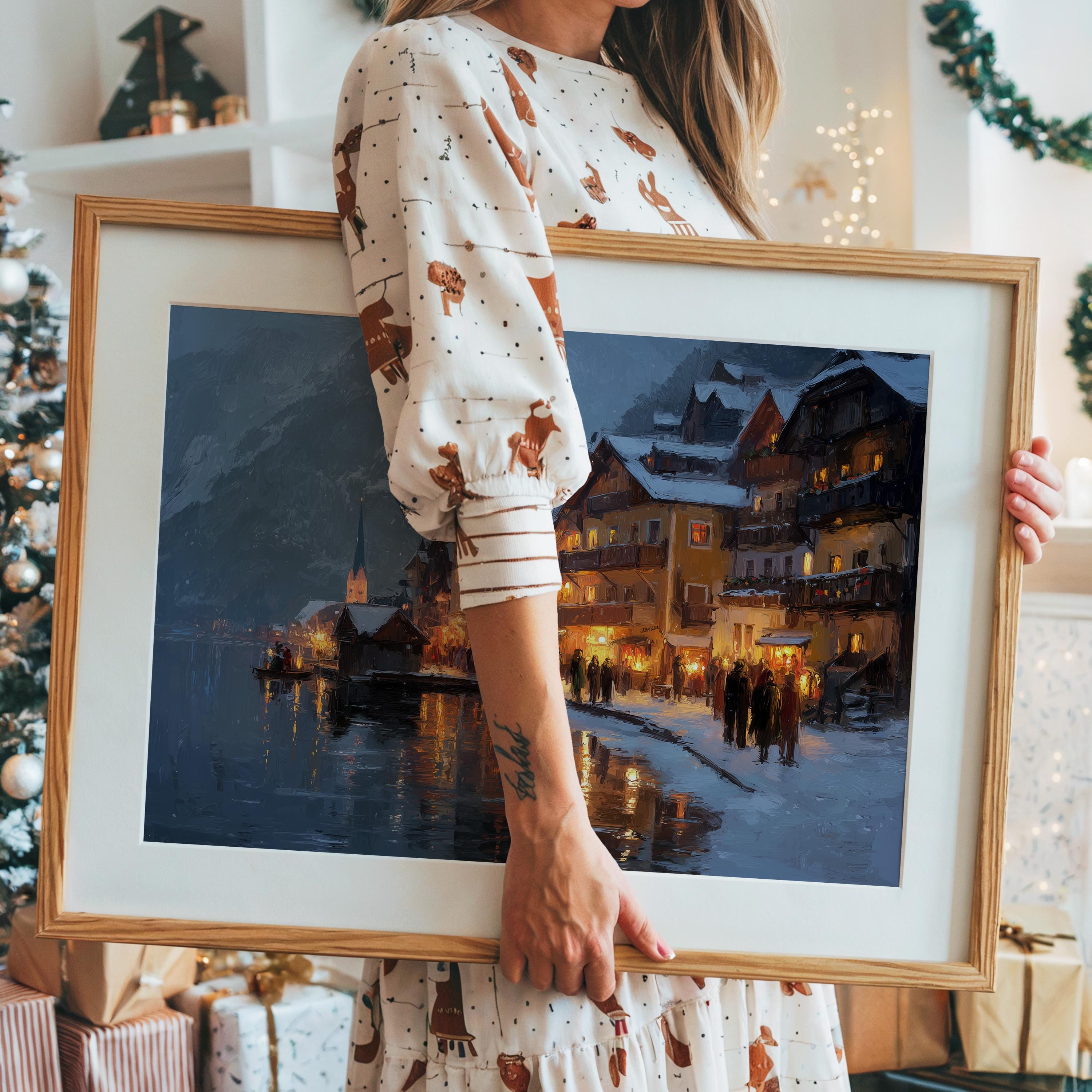 Hallstatt Christmas Wall Art, Custom Large Austria Travel Poster Print, World Location Painting