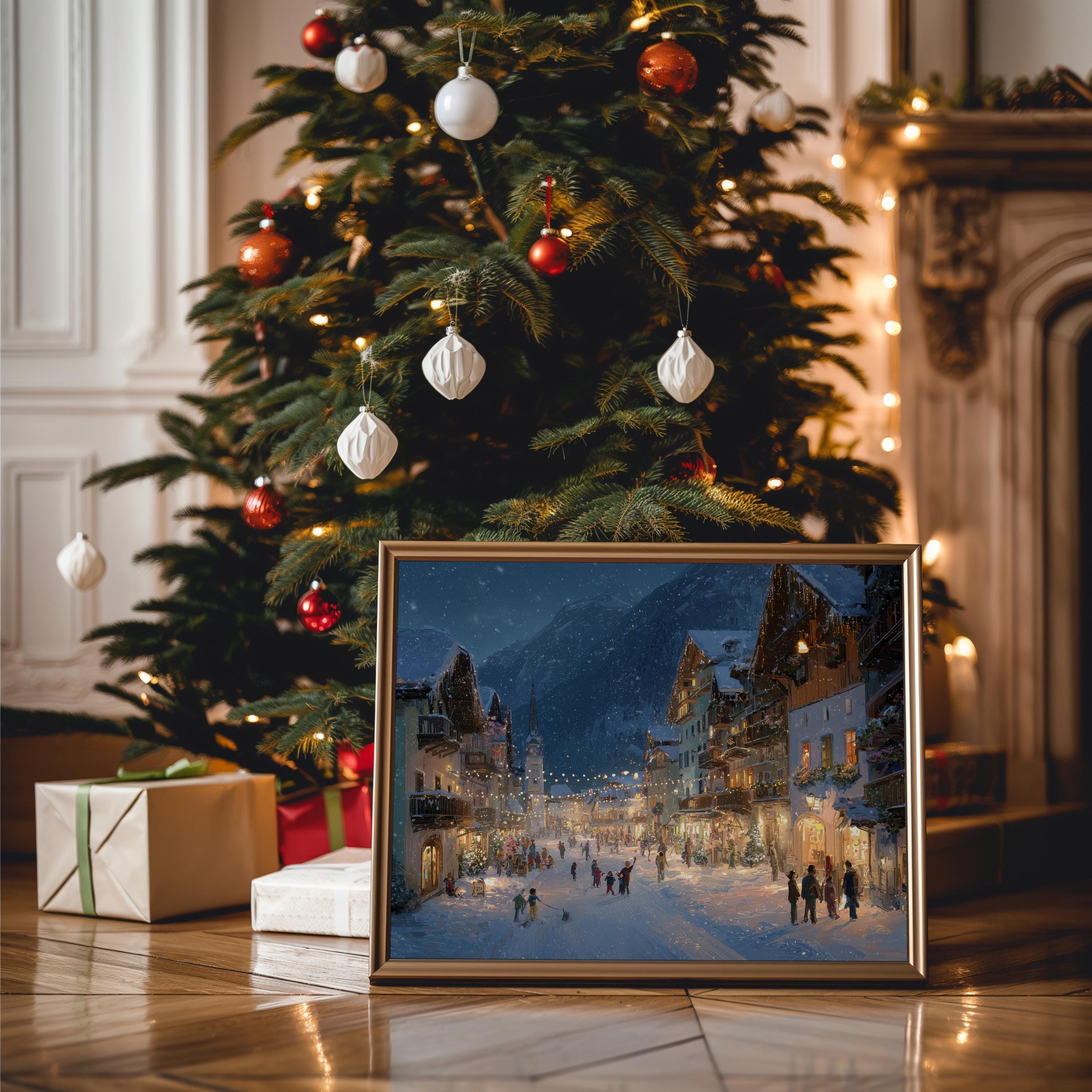 Hallstatt Austria Christmas Wall Art, Custom Large Travel Poster Print, World Location Painting